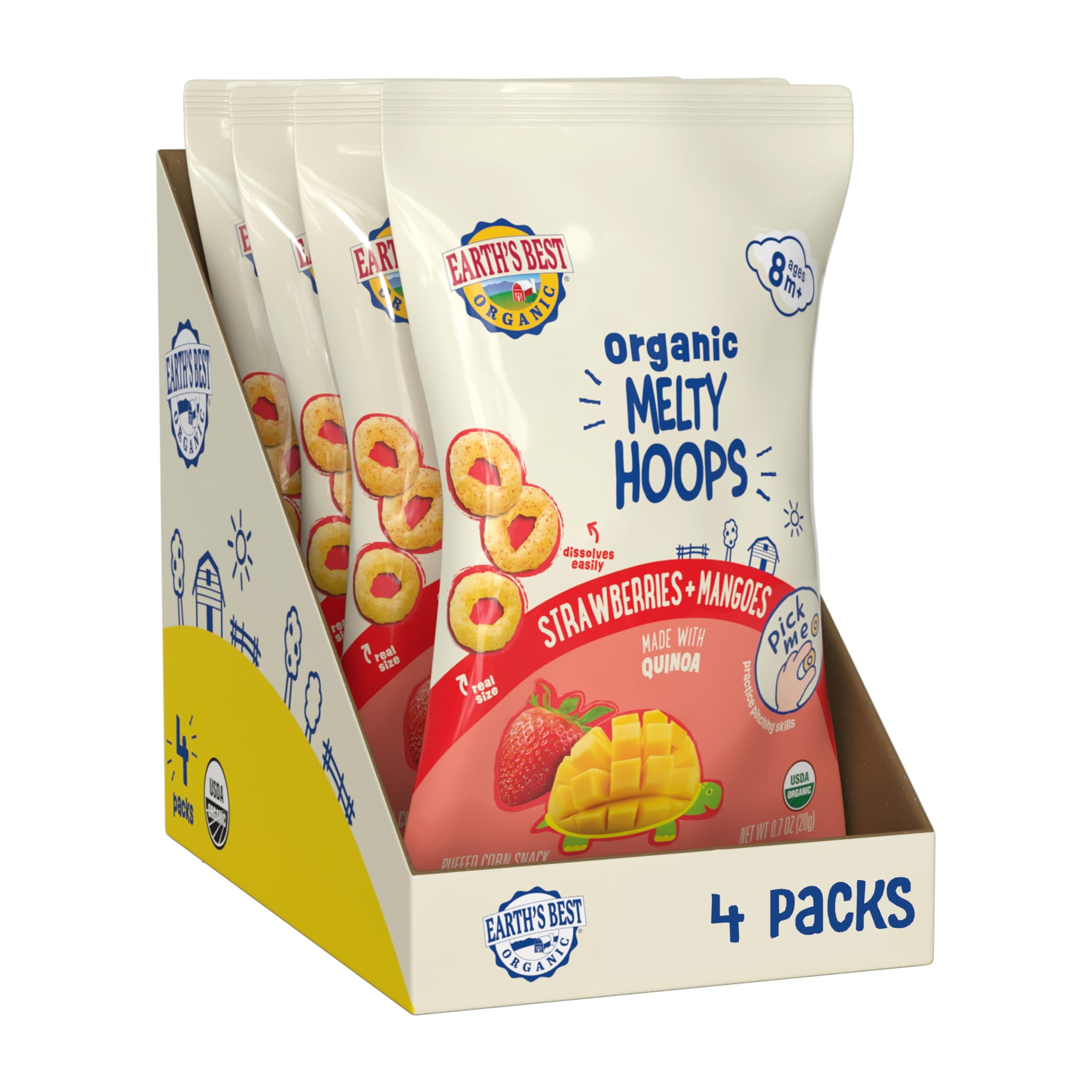 Organic Melty Hoops, Bite-Sized Snacks for Babies 8 Months and Up, Strawberry and Mango, 0.70 Ounce Bags (Pack of 4)