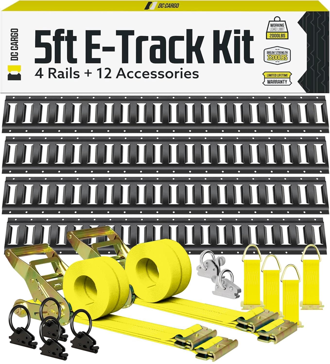 Indoor E Track Tie-Down Rail Kit, 16PCS 5FT E-Tracks Set Includes 4 Powder-Coated Rails & 2 X 12 Foot Ratchet Straps & 4 O Rings & 2 Extra Heavy Duty O Rings & 4 Tie-Offs with D-Ring