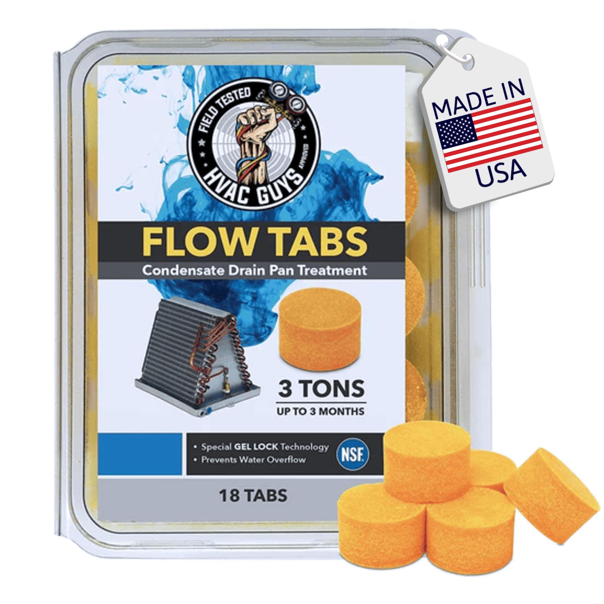 HVAC Guys Flow Tabs with Gel Lock Technology - 18 Pack - Keeps Drain Pans Clean, Prevents Overflow, 3 Ton Tab Lasts up to 3 Months - 1 Tab is equal to 18 Regular Tablets (324 total) - Made in the USA