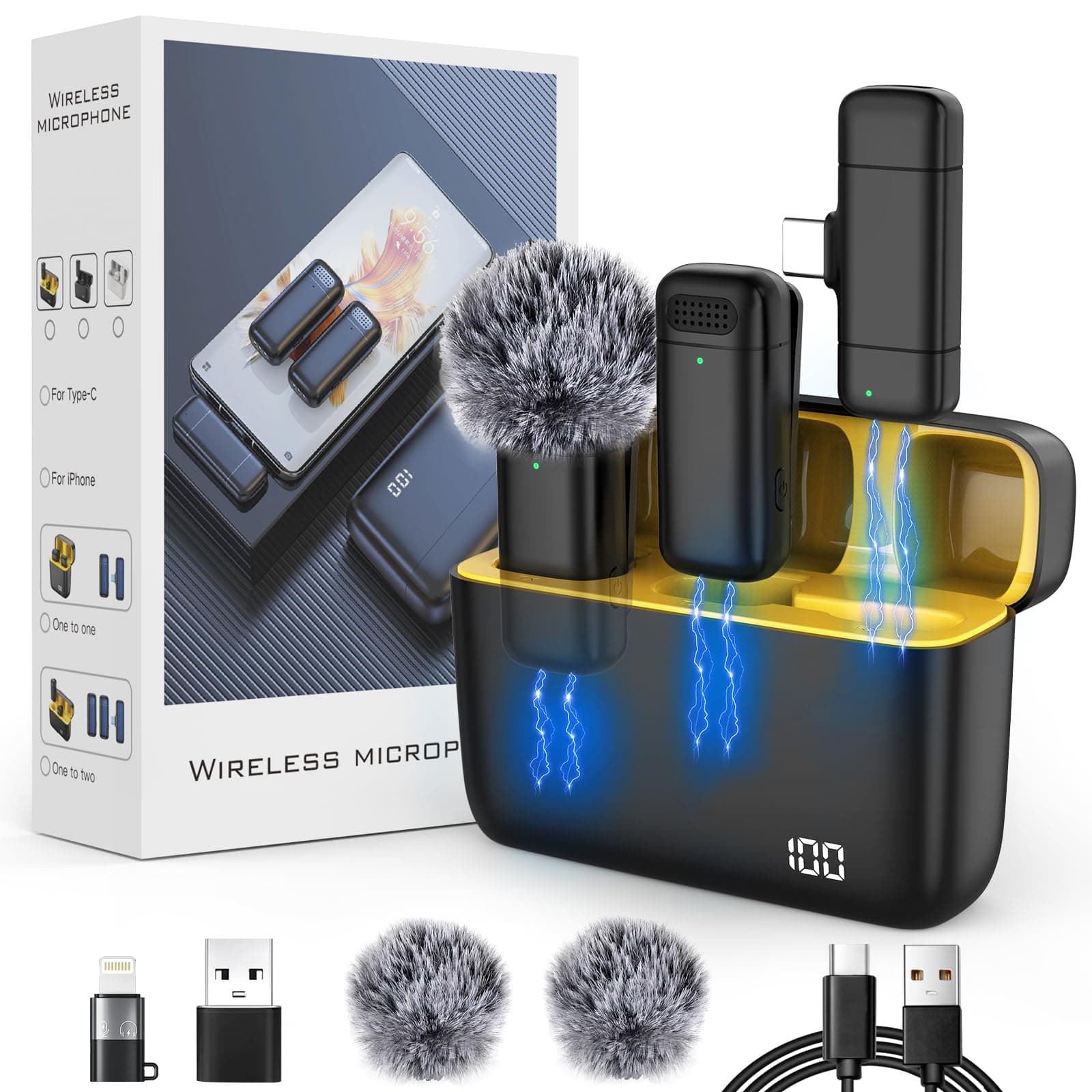 Wireless Microphone with Charging Case for iPhone,iPad,Android,Digital Display USB C Lavalier Mic Noise Reduction for Professional Recording,YouTube,Facebook,TikTok,Vlog Live Stream,Interview,Singing