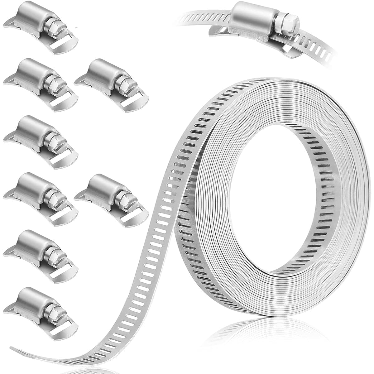 - 13.3ft Hose Clamp Roll DIY Hose Clamp Roll 304 Stainless Steel with 8 Fastening Bolts Attachment Cuttable Band for Plumbing,Pipe Repairing,DIY