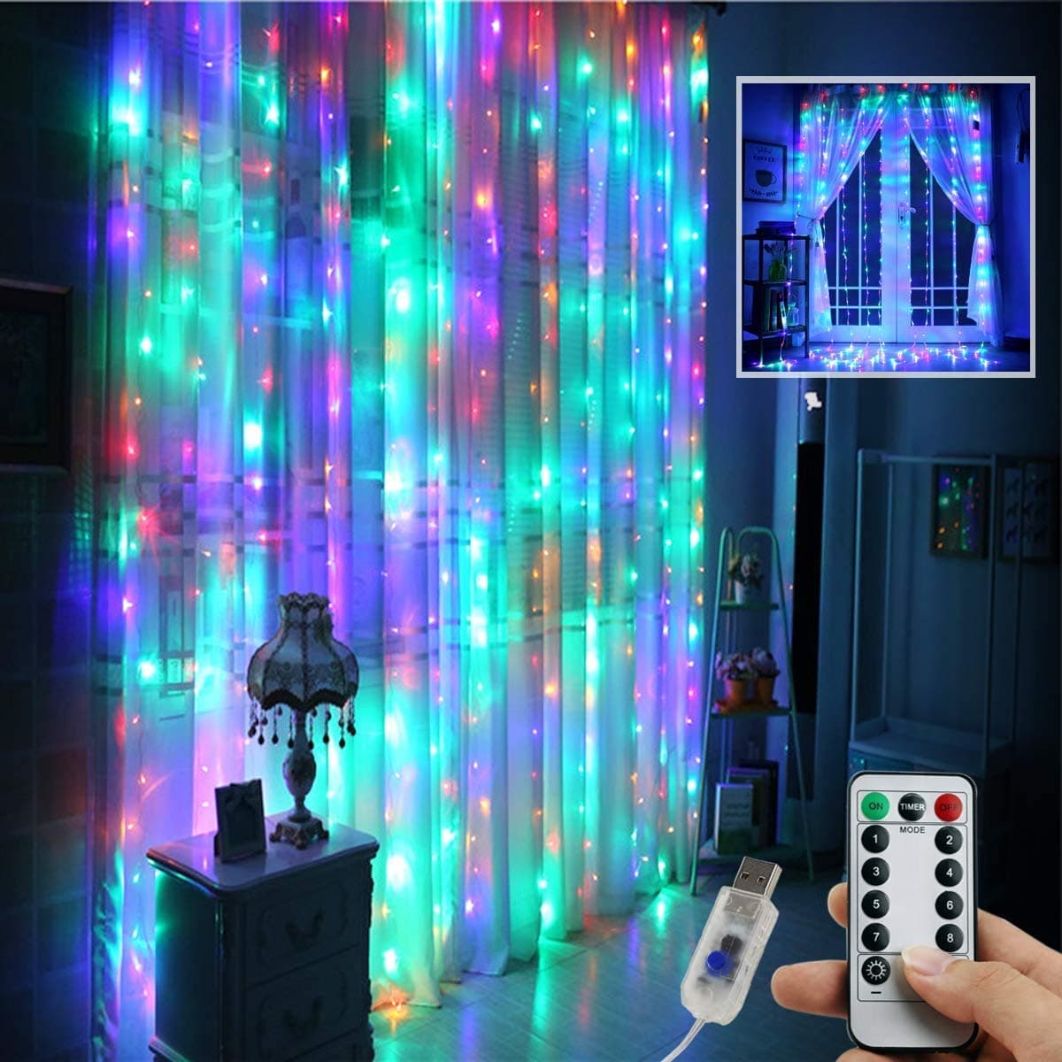 300 LED Multi-Coloured Curtain Lights, 3m x 3m USB Plug-in Fairy Christmas Lights with Remote,Timer Function & Waterproof Copper Wire Ideal for Ourdoor Indoor Decorations