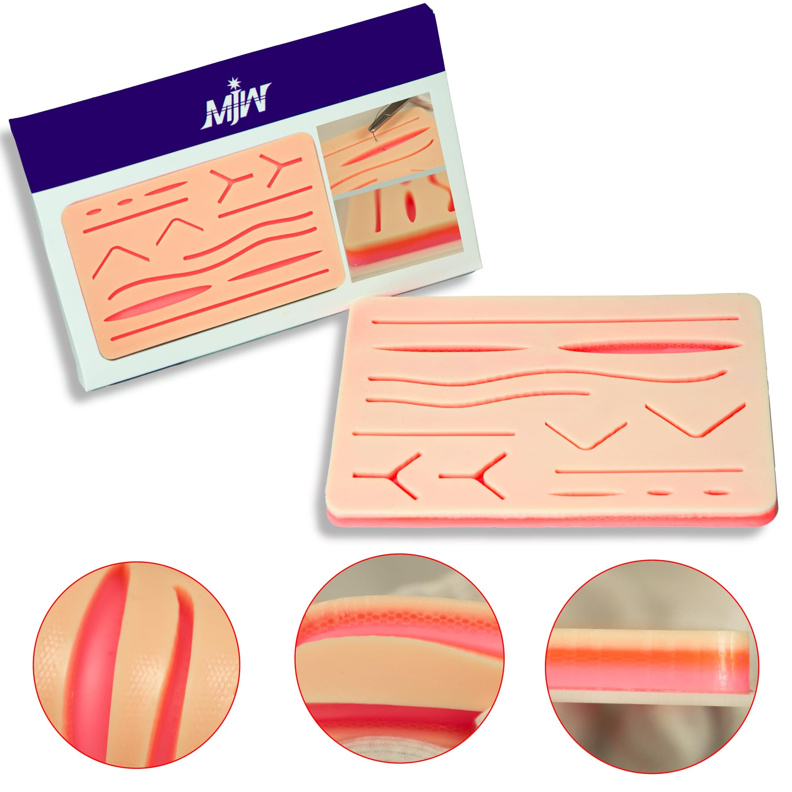 MJW Suture Practice Pad – Silicone Skin Suture Training Pad with 3 Layers 14 Pre Cut Wounds of Different Style & Depth - Ideal for Students Suturing Practice