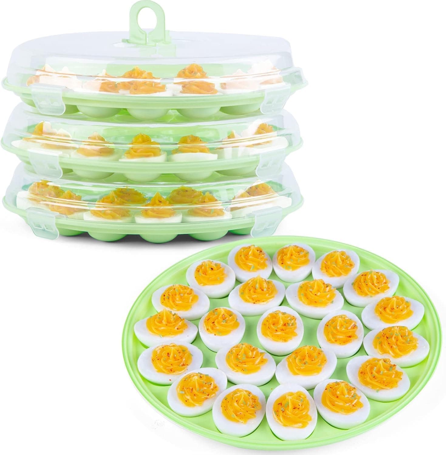 HANSGO Deviled Egg Containers with Lid, 3PCS Deviled Egg Platter Carrier Holder Trays with 66 Slots for Party and Home Kitchen, Green