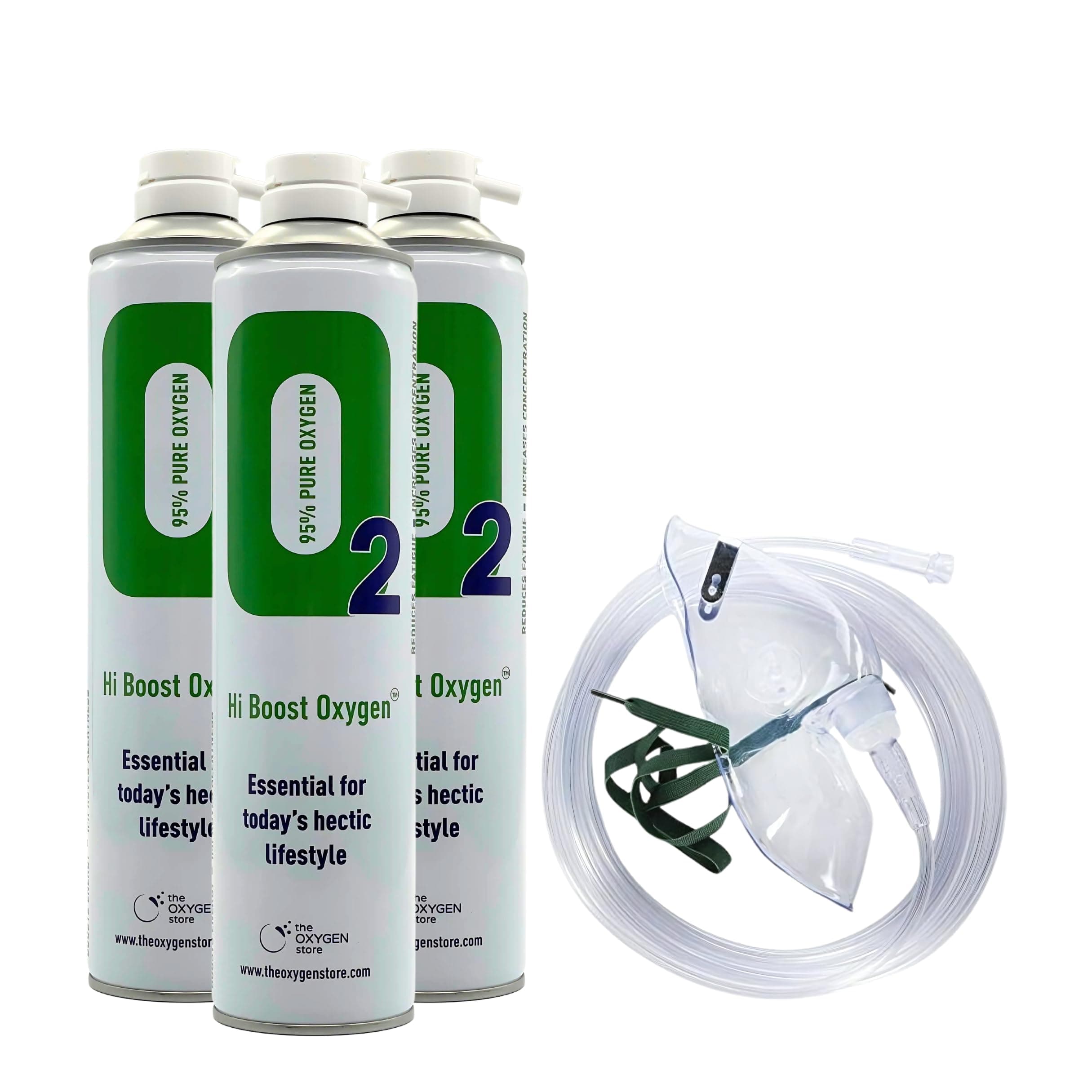 The Oxygen Store Hi Boost Portable Oxygen Cans Pure Breathing Oxygen with Mask, Tube, Made in the UK, 3 Pack 10L Cans, Total 30L Capacity, 0.5 Kilograms