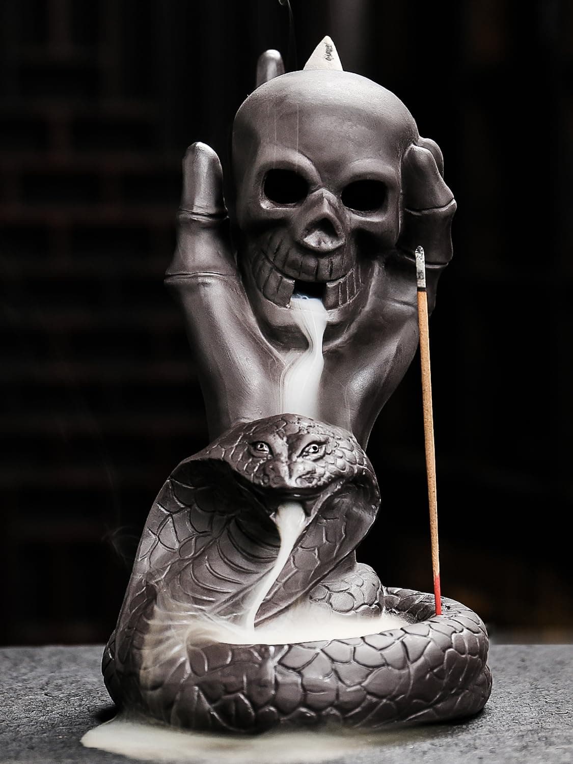 Skull Snake Incense Burner Holder - Backflow Waterfall Cone Incense Holder, Ceramic Unique Skeleton Incense Burner with Cones & Sticks for Halloween/Aromatherapy/Yoga/Home/Room/Office Deco