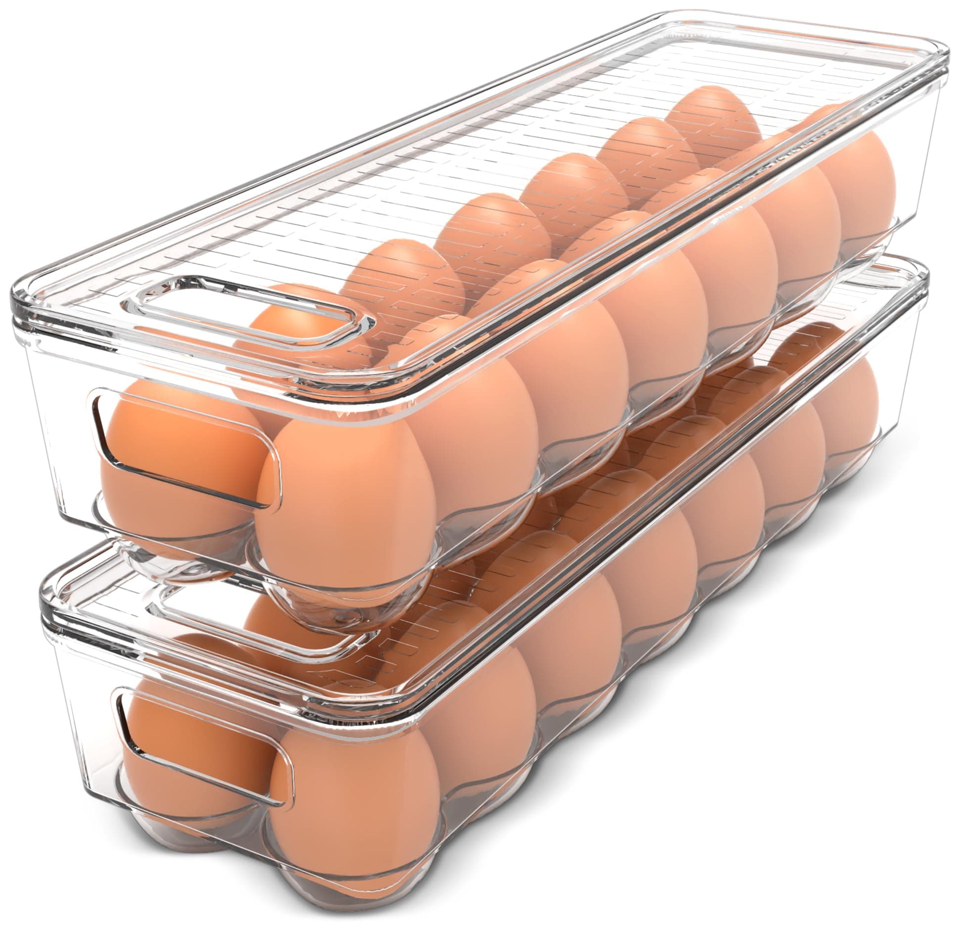 Utopia Home Egg Container With Lid and Handle for Refrigerator Organization- Pack of 2 - Clear Stackable Egg Holder for Kitchen or Pantry Organizers and Storage