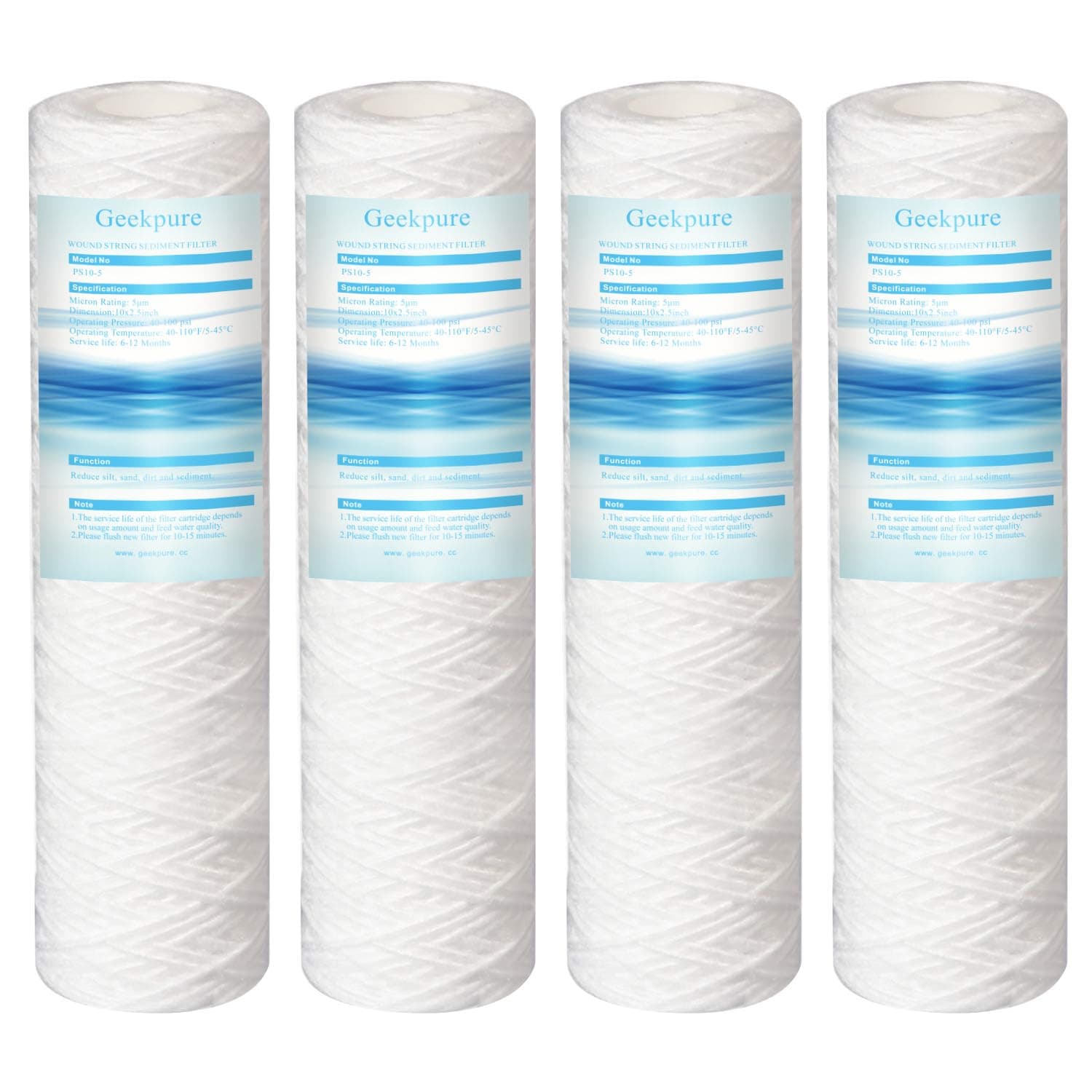10 Inch PP Wound String Spun Sediment Replacement Filter for Reverse Osmosis System -2.5" x 10" -5 Micron -4 Pack