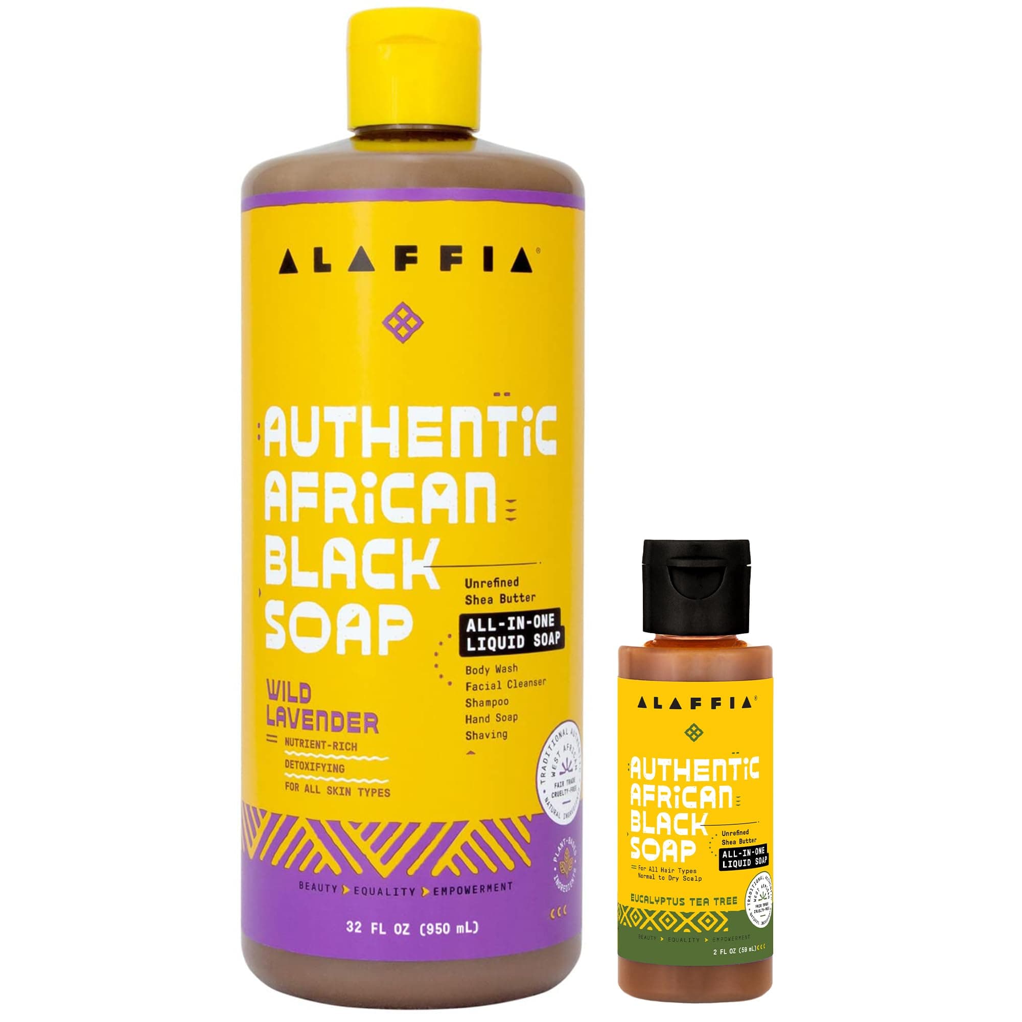 Authentic African Black Soap Variety 2-Pack – All-In-One Liquid Soap, Travel-Size Eucalyptus Tea Tree+Full-Size Unscented Body Wash, Face Wash, Shampoo, Shaving Soap