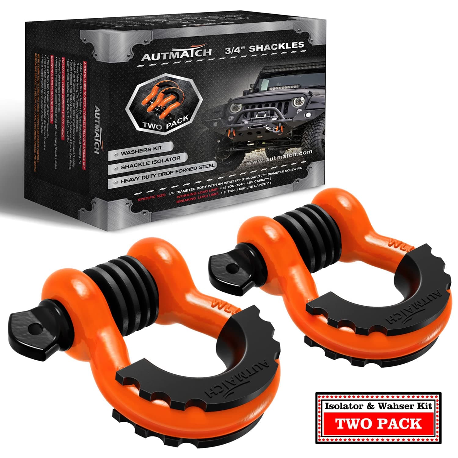 AUTMATCH D Ring Shackle 3/4" Shackles (2 Pack) 41,887Ibs Break Strength, Clevis Shackle with 7/8" Screw Pin & Shackle Isolator Washers Kit for Tow Strap Winch Off Road Vehicle Recovery, Orange & Black
