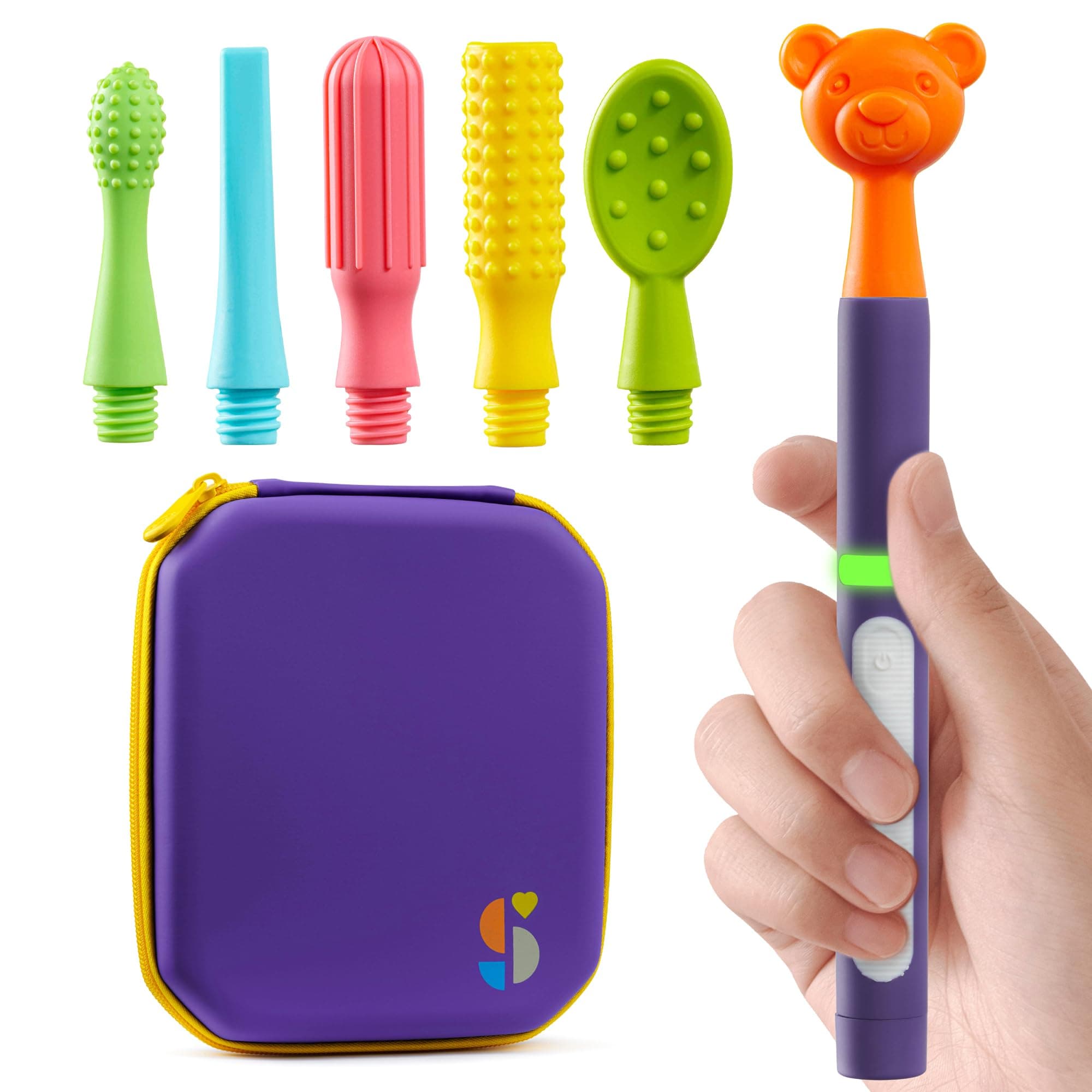 Special Supplies Buzz Buddy Oral Motor Stimulation Kit with 6 Soft Textured Interchangeable Heads, Calm Sensory Needs, Support Speech, and Stimulate Self Feeding, Gentle Vibrations (Purple)