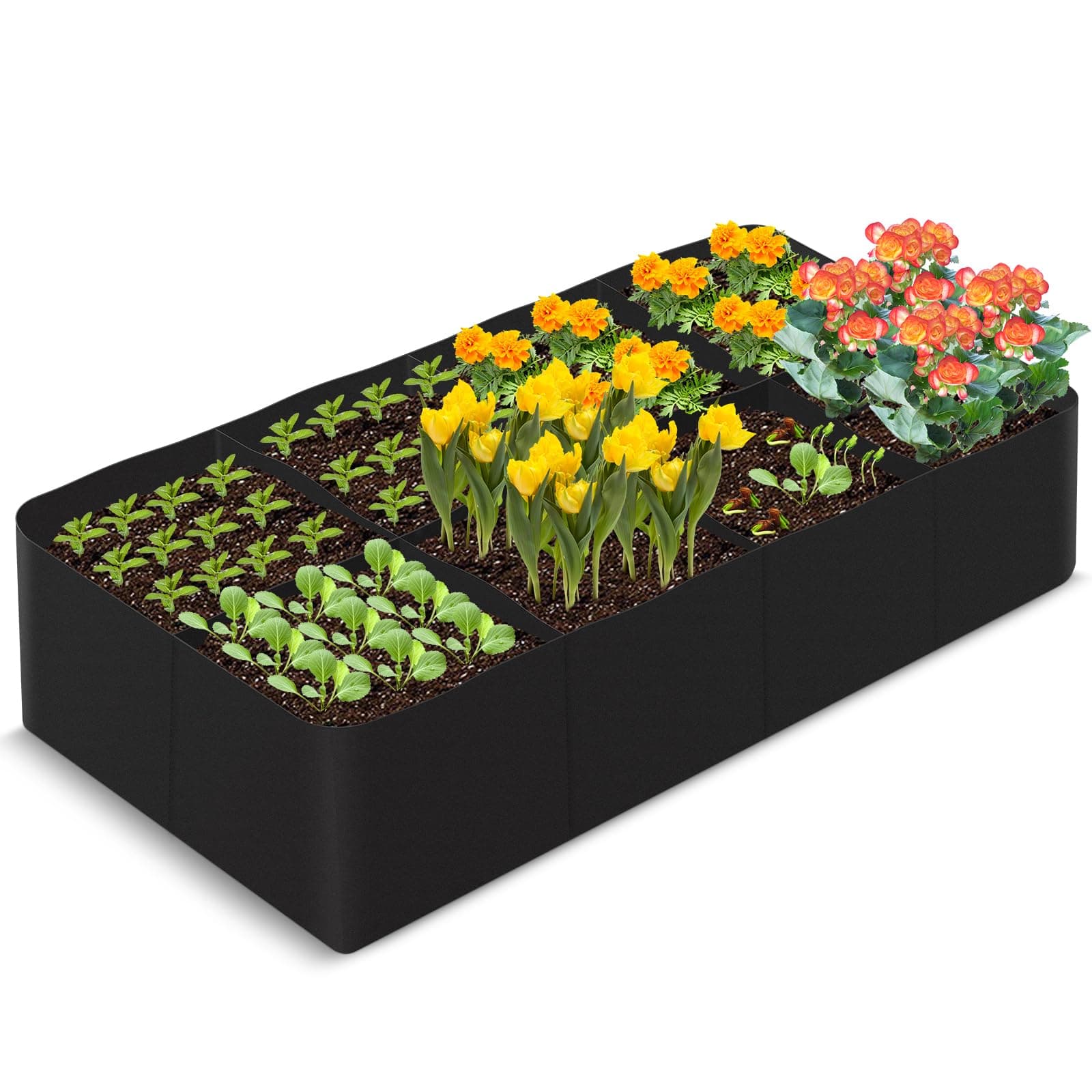 Large Fabric Raised Garden Bed, 8 Grids Rectangle Planting Container Grow Bed Bags, Outdoor Indoor Gardening for Growing Plants, Herbs, Flowers and Vegetables