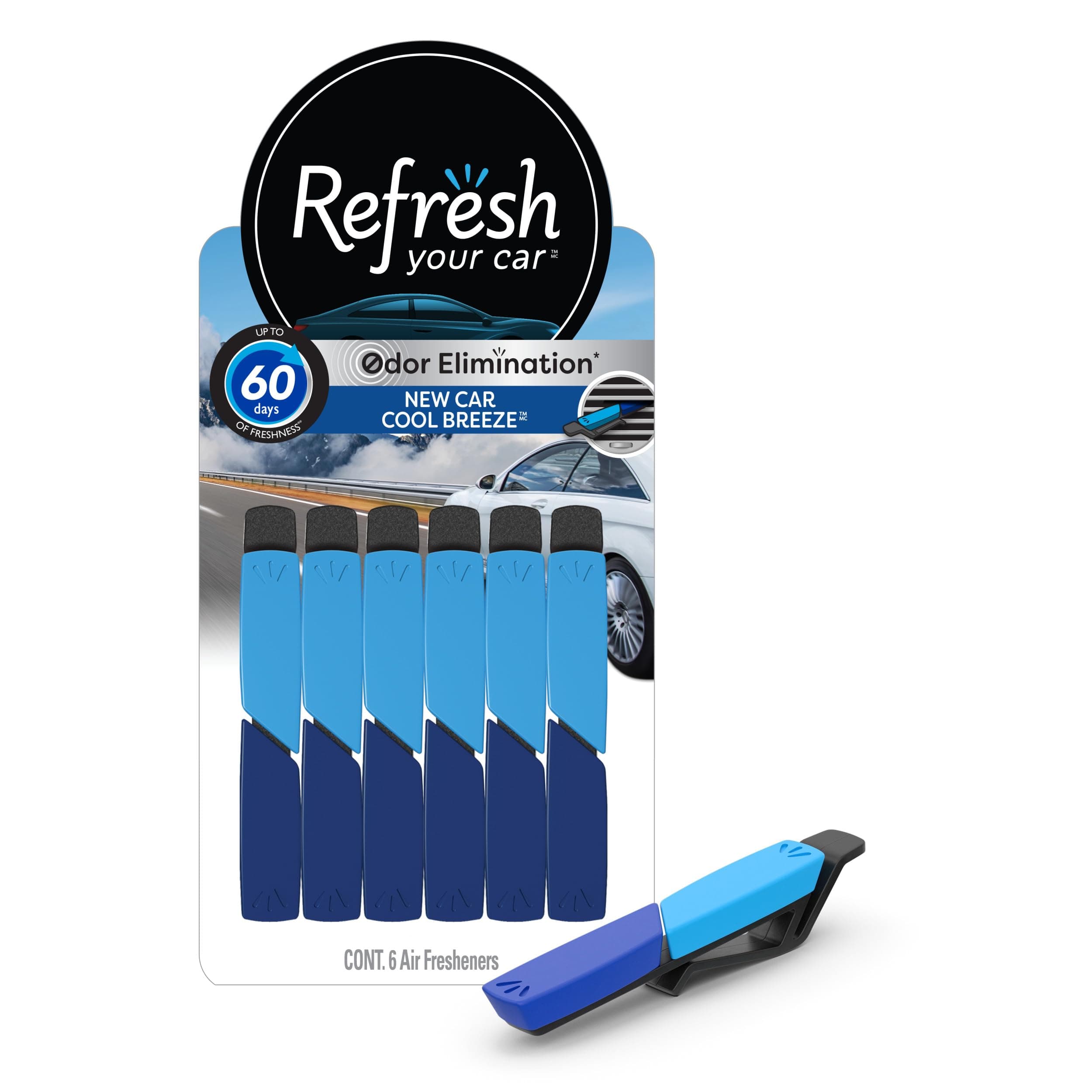 Refresh your car, Odor Elimination cool breeze Auto Vent Stick, New Car, 6 Per Pack