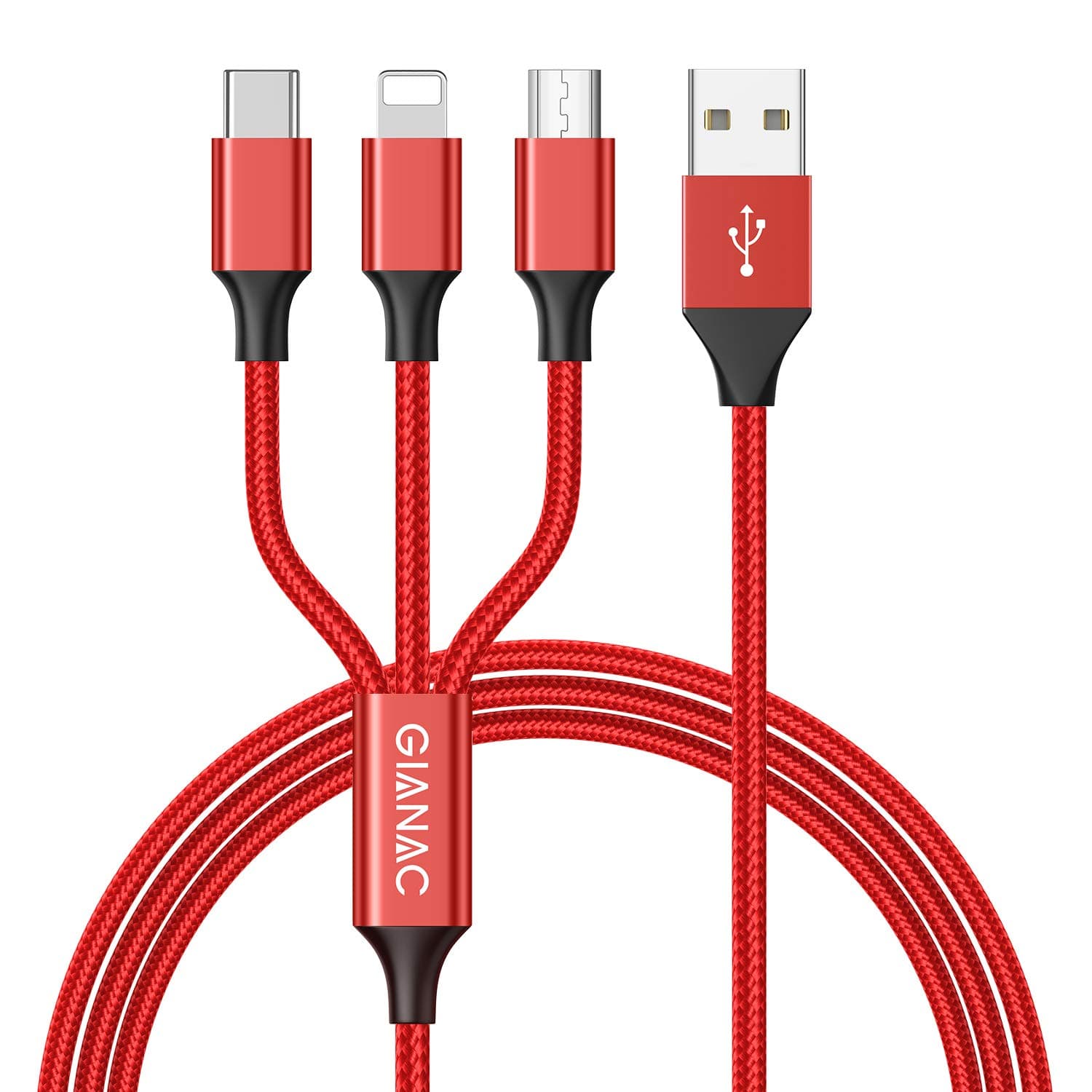 Multi Charger Cable,GIANAC 1.5M Nylon Braided 3 in 1 Multiple USB Cable with iP Micro USB Type C Connector for Phone 8 7 6 Android Galaxy S9 S8 S7 A5 J5, Huawei, Xiaomi, LG (Red)