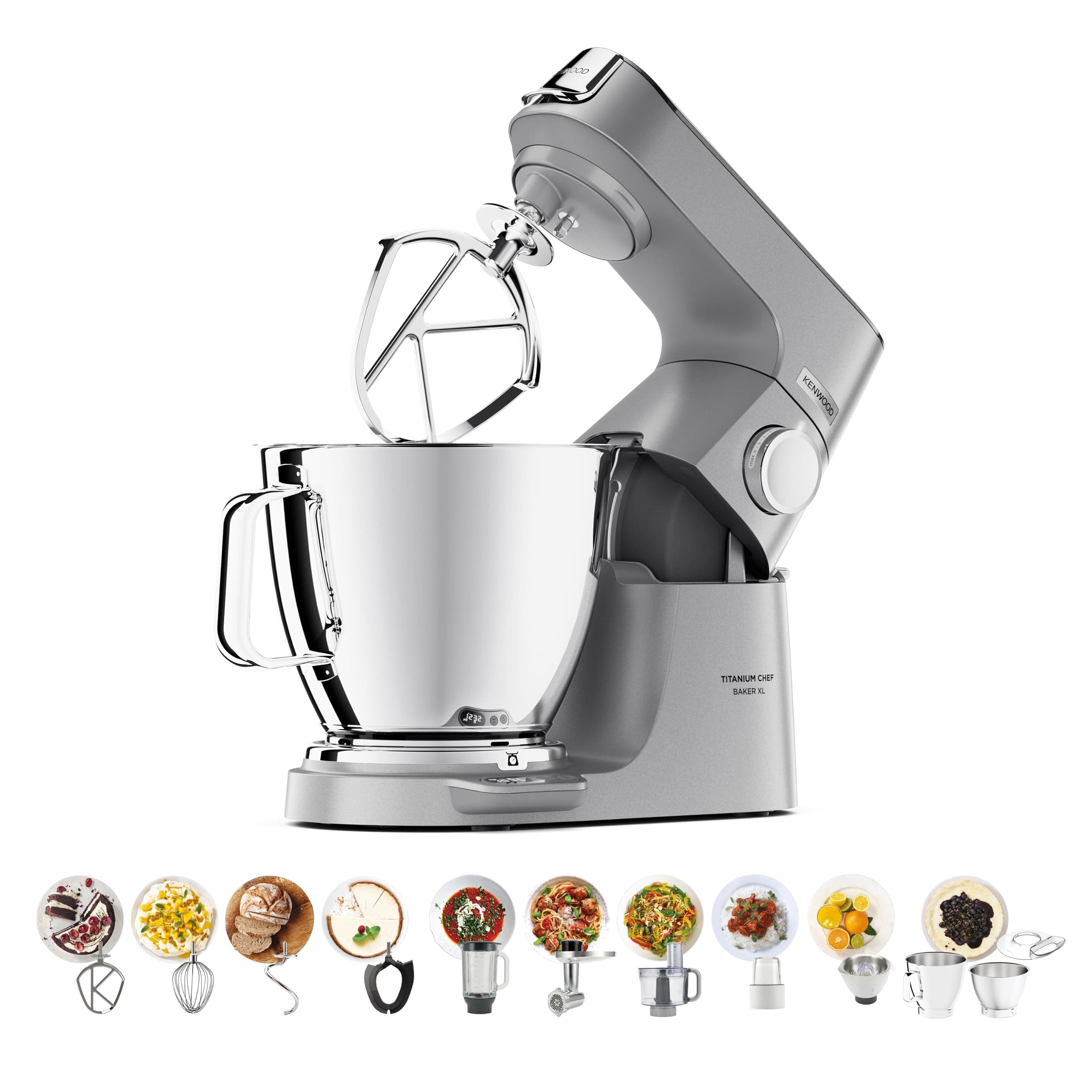 Metal Body Kitchen Machine TITANIUM CHEF BAKER XL with Built-in Weighing Scale, DuoBowl, 4 Tools, Glass Blender, Meat Grinder, Food Processor, Citrus Juicer, Multi Mill KVL85.704SI Silver