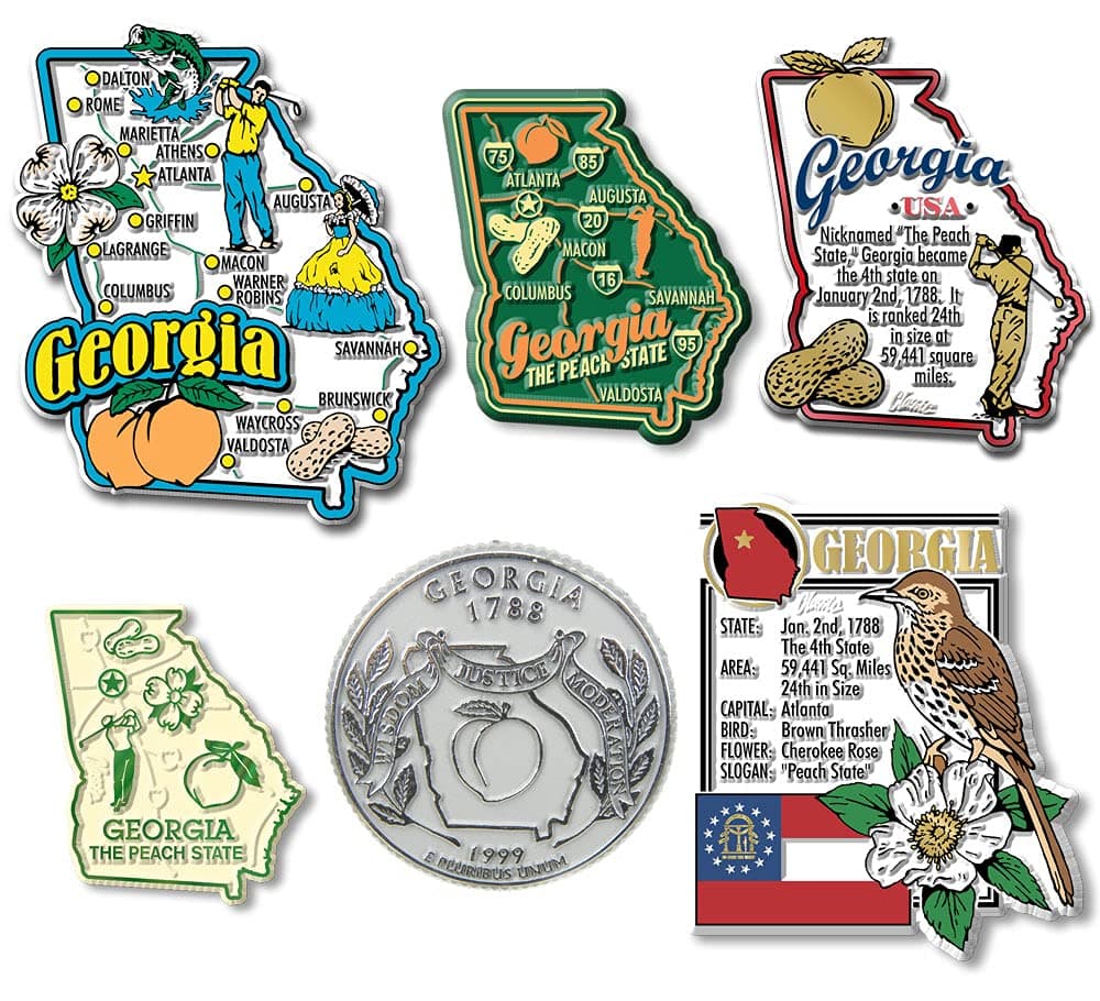 Georgia Six-Piece State Magnet Set by Classic Magnets, Includes 6 Unique Designs, Collectible 3D Rubber Vintage-Style Souvenirs and Gifts Made in The USA