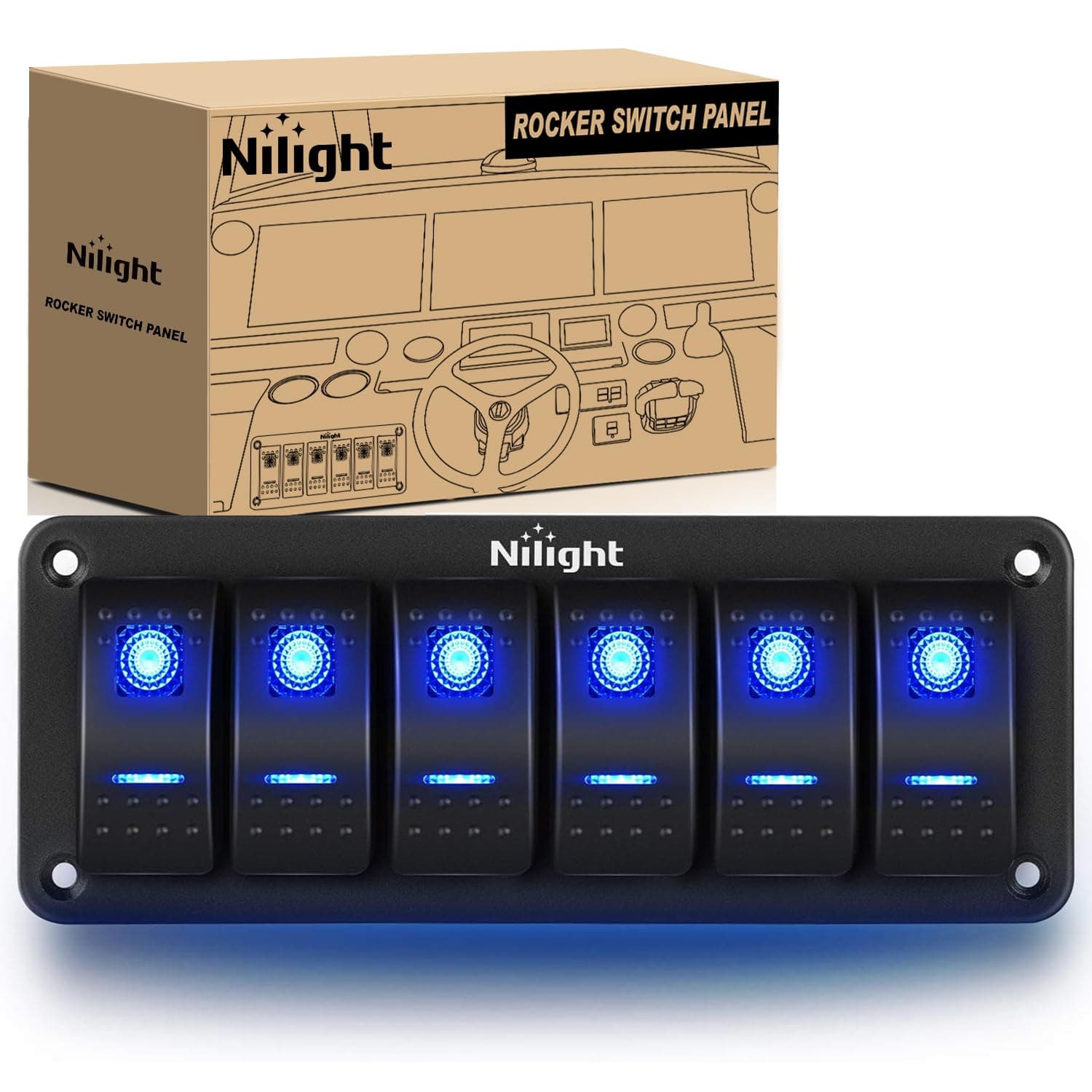 Nilight-90111F 6 Gang Aluminum Rocker Switch Panel Toggle Dash 5 Pin ON/Off Pre-Wired Rocker Switch Blue Backlit Switch for Automotive Car Marine Boat RV,2 Years Warranty