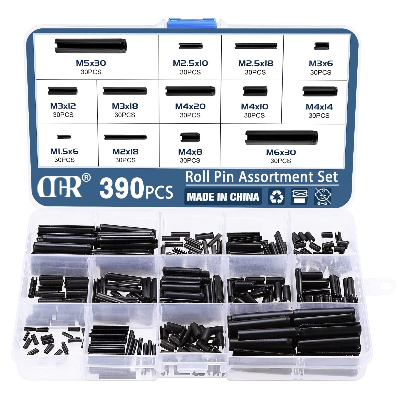OCR 390Pieces Steel Split Spring Dowel Tension Roll Pin,M1.5 M2 M2.5 M3 M4 M5 M6 13Types Spring Steel Pin Metal Hardware Assortment Kit