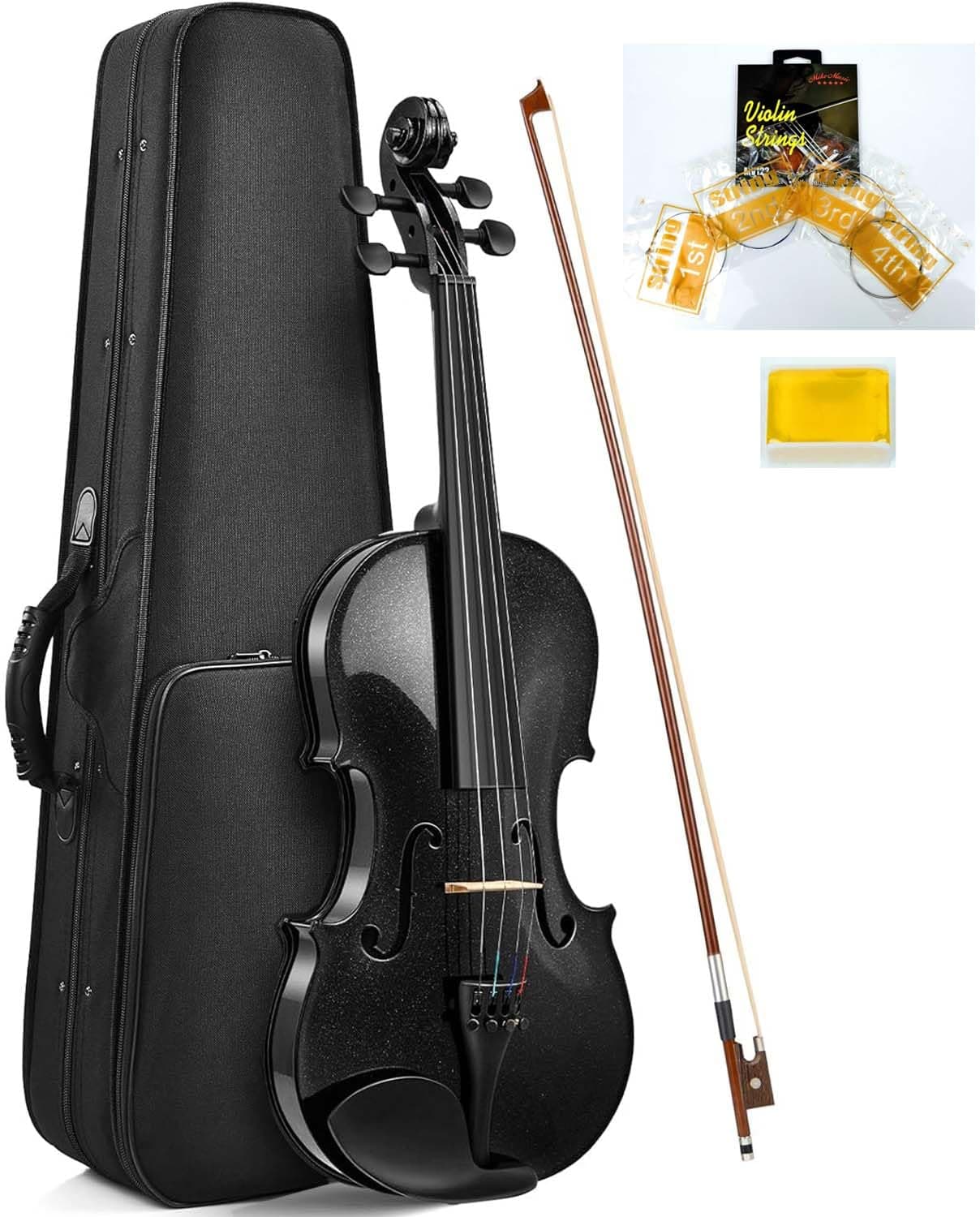 Mike Music 4/4 Black Violin Set Full Size for Beginner Student Fiddle Starter Kit for Kids Adults with Brazilwood Bow, Violin String Set, Bridge, Rosin and Lightweight Case
