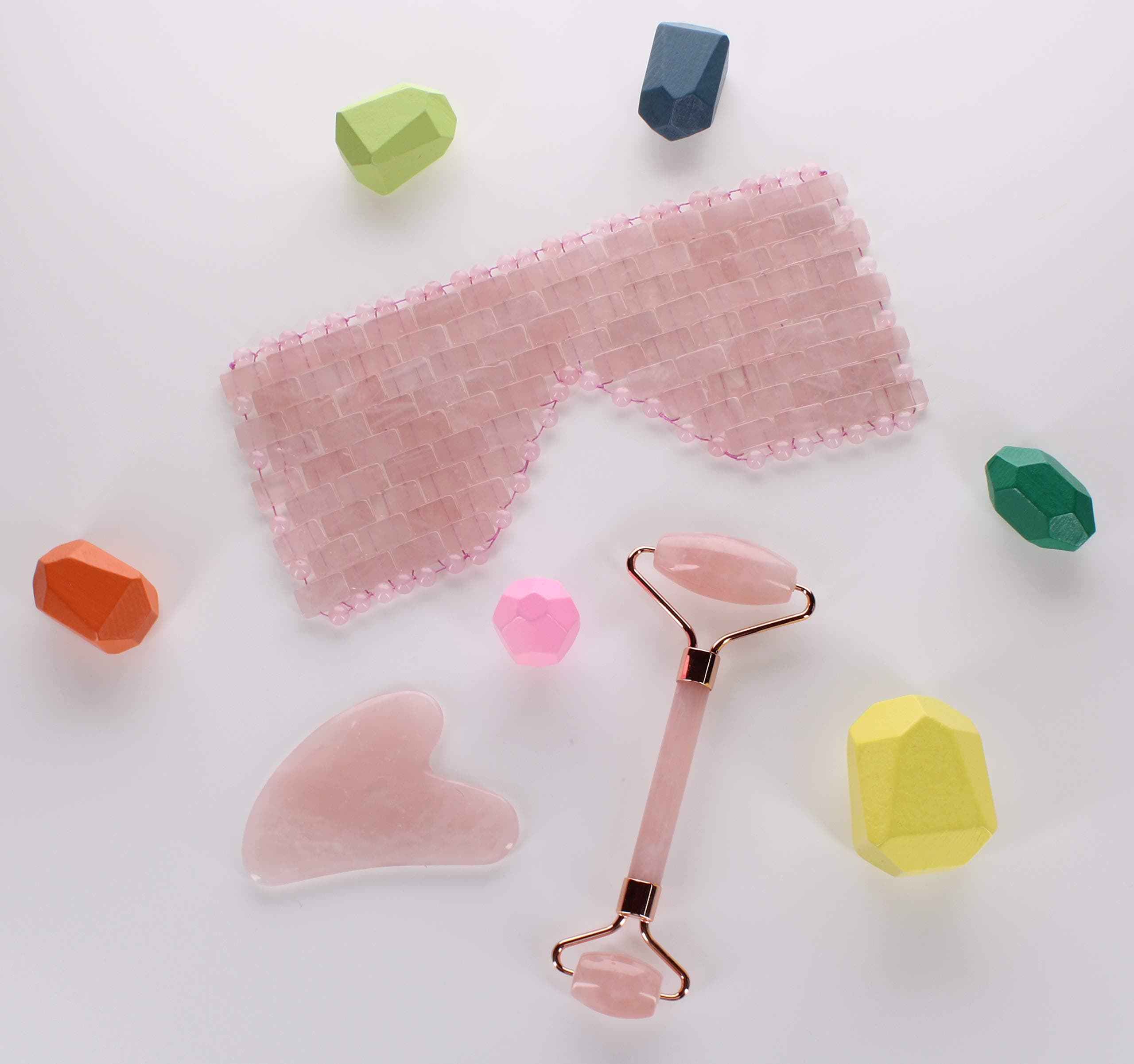 Rose Quartz Jade Double Face Roller, Gua Sha & Eye Mask Luxurious Spa Set for Facial Skin Care (3 in 1 Facial Massage Tools)–Anti Aging, Eye Puffiness Treatment Healing & Neck Slimming Gift for Women