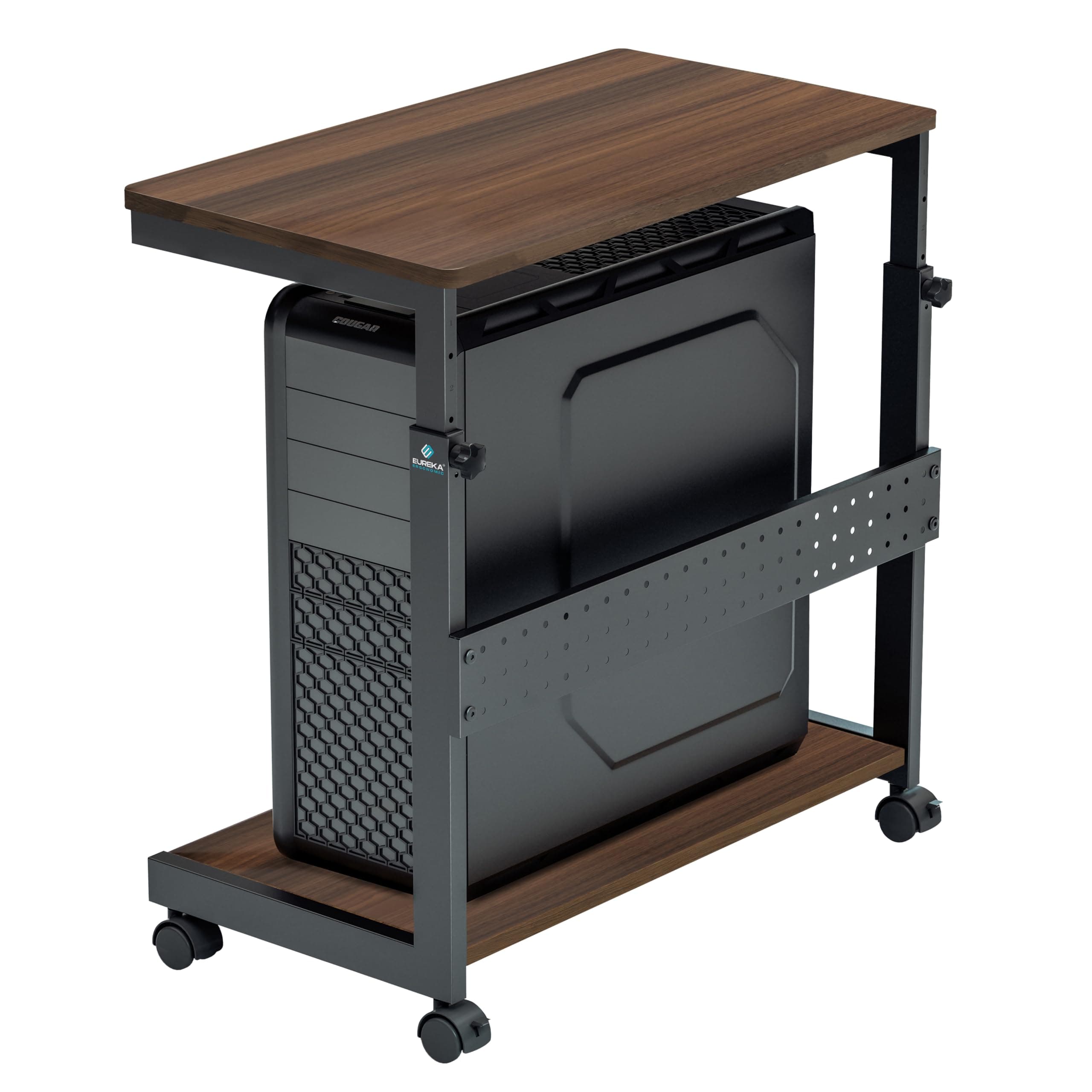 EUREKA ERGONOMIC PC Stand Computer Cart, Height Adjustable Tower Stand 2-Tier Suit for ATX Case Printer, Metal Rolling Cart on Wheels for Gaming Home Office, Walnut