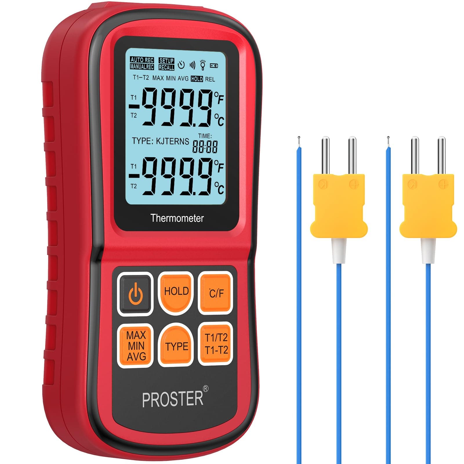 Digital Thermometer Dual Channel Thermometer with Two K- type Thermocouples Temperature Meter with LCD Backlight for K/J/T/E/R/S/N Thermocouple