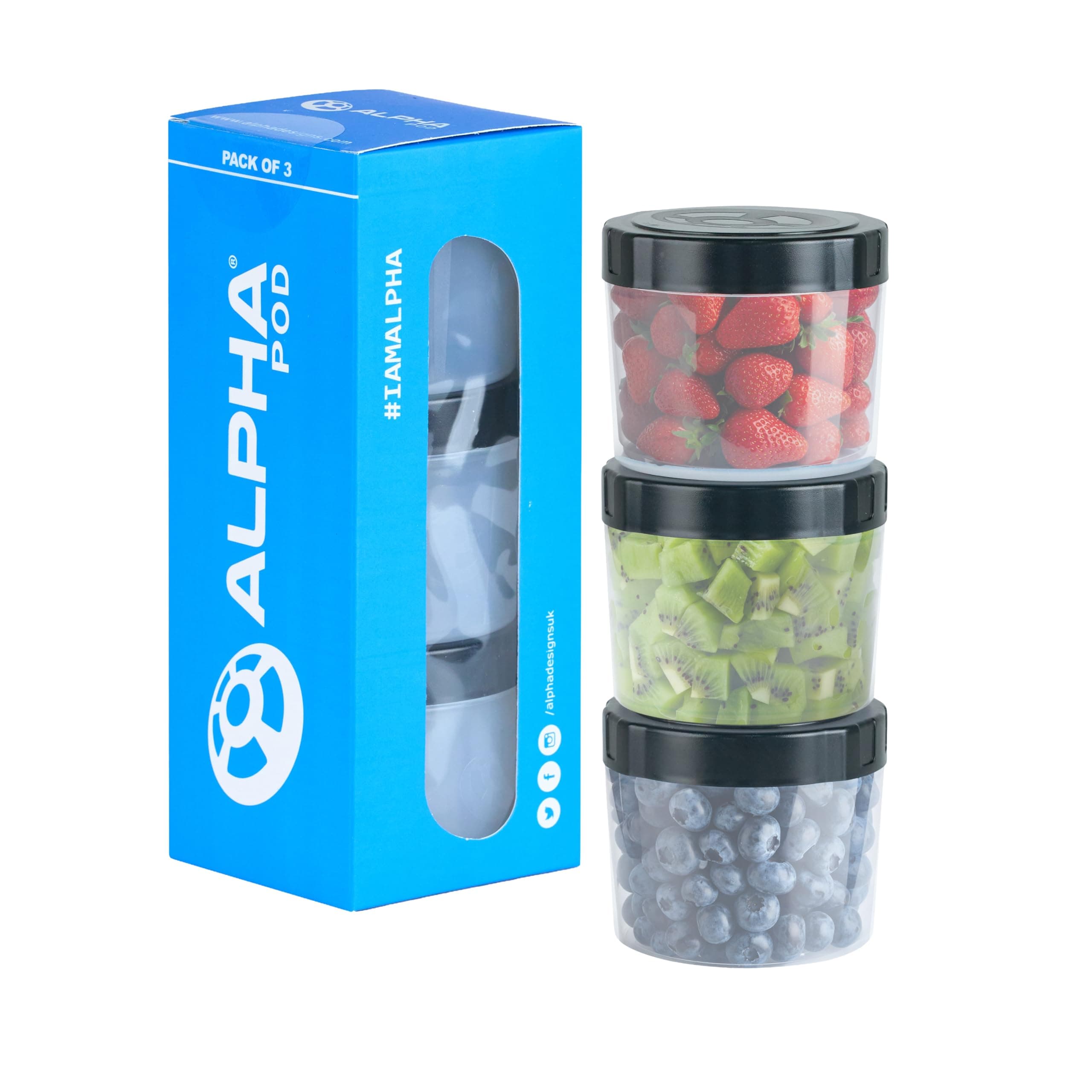 Alpha Designs Protein Powder Container x3 Snack Pots with Lids - Small Plastic Airtight Food Storage Container with Lids for Meal Prep & Portion Control