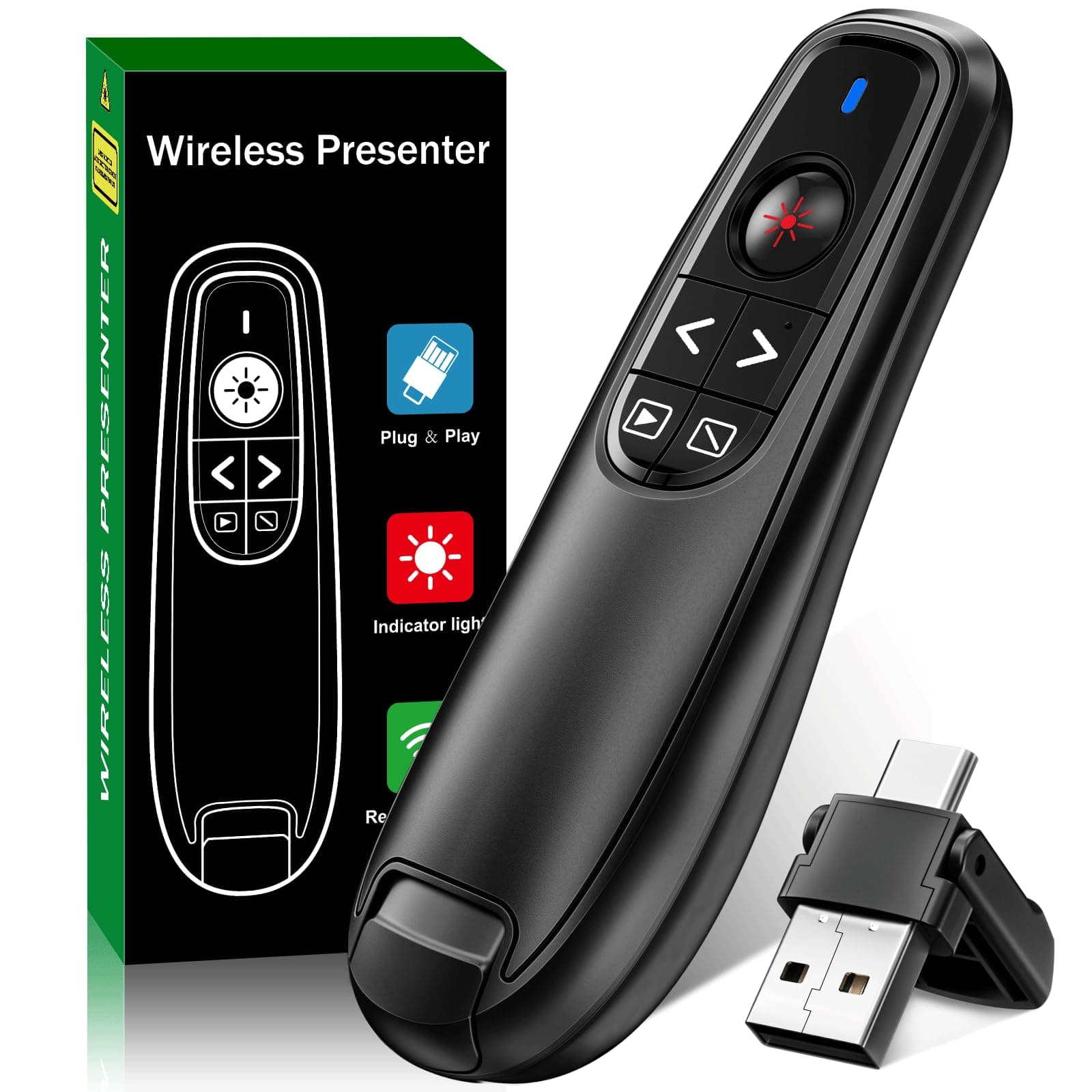 2-in-1 USB Type C Presentation Clicker, Wireless Presentation Clicker PowerPoint Presenter Remote with Volume Control, Powerpoint Clicker with Slide Advancer for Computer/Laptop/Mac
