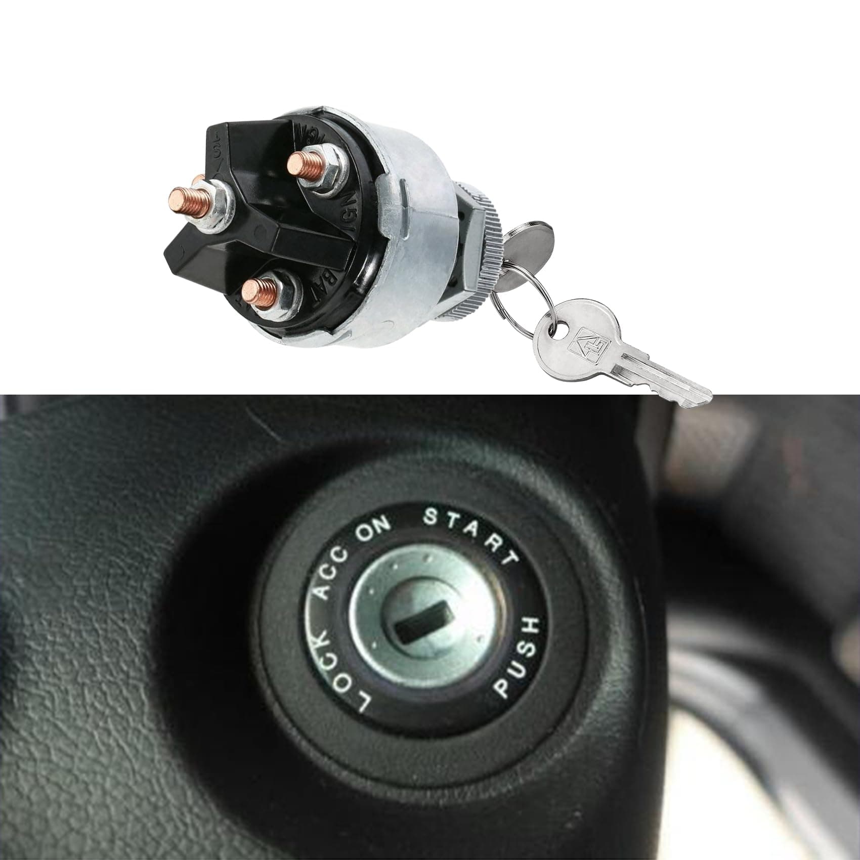 Ignition Switch with Key, Universal Ignition Starter Switch Lock, 4-Position, Black, Manual, Push Button Actuator
