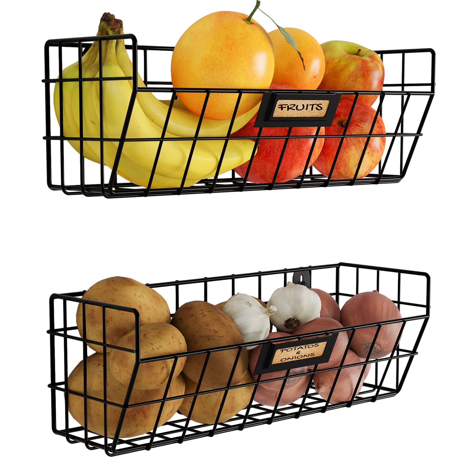 Wall35 Macon Wall Mounted Metal Wire Baskets for Kitchen Organization and Storage, Hanging Fruit Basket Set of 2 Black