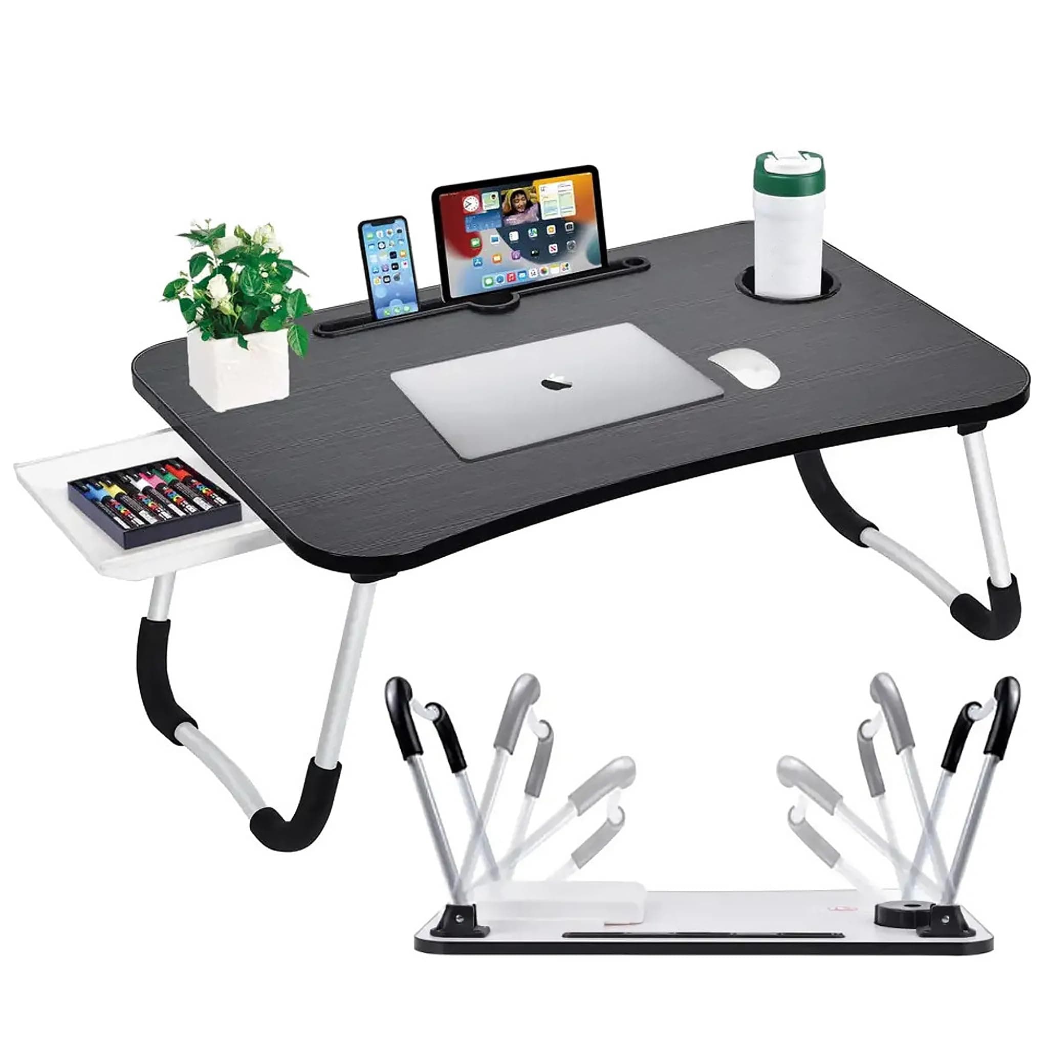 GEEZY Foldable Laptop Table with Drawer - MDF Wood Desk with Cup Holder, Tablet Slot, Anti-Slip Legs - Portable Laptop Desk Tray for Sofa, Bed, Work, Gaming, Eating, TV, Studying, Drawing and Crafts