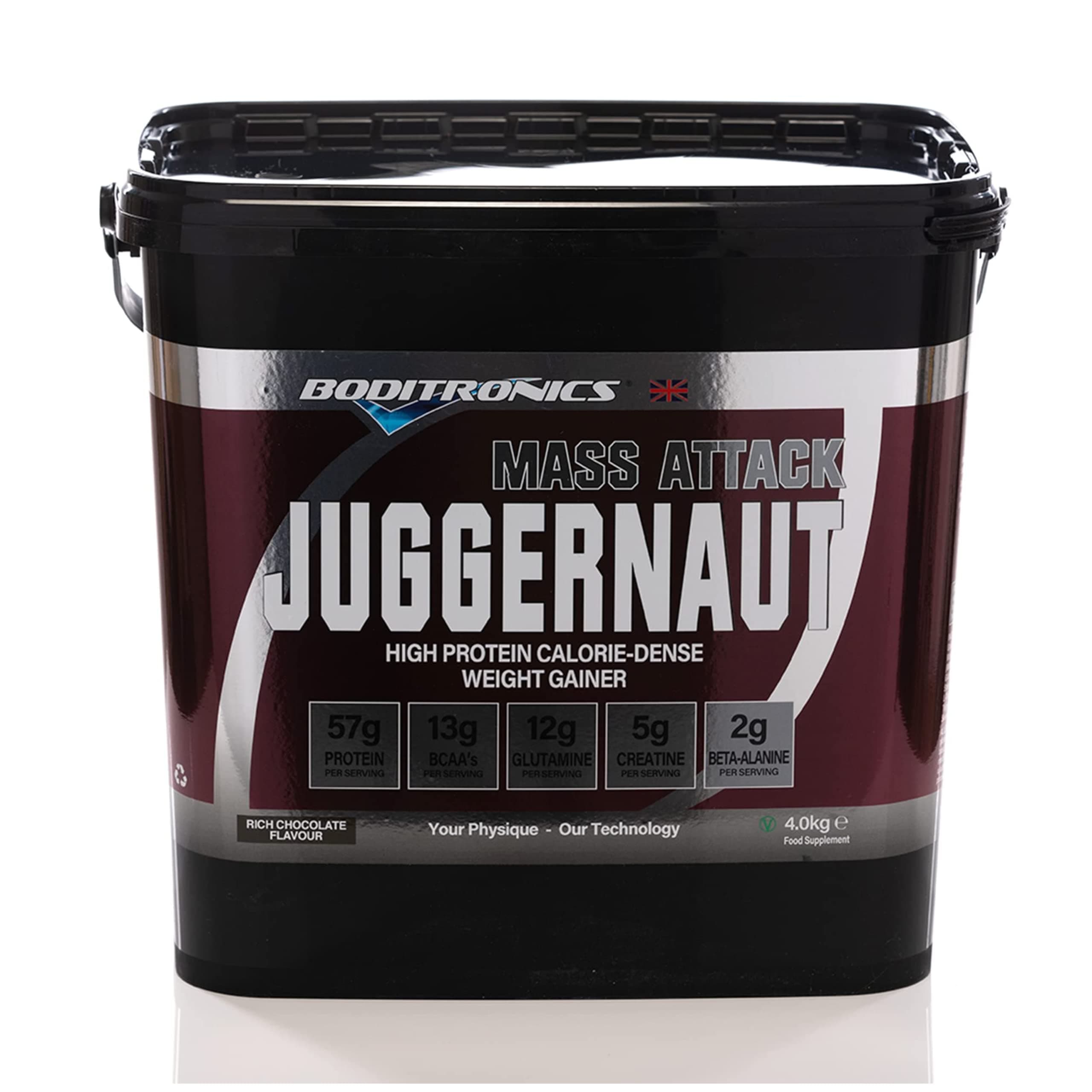 – Boditronics Mass Attack Juggernaut Powder for Weight Gainer Powder, All in One Muscle Mass Gainer, High Protein Powder for Men & Women, 5g Creatine, BCAA, Glutamine & Beta Alanine (Rich Chocolates)