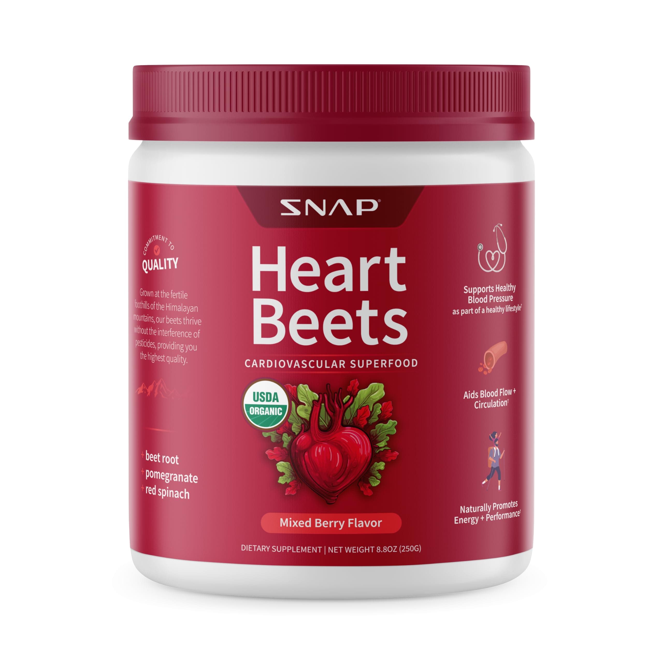 Snap Supplements Heart Beets, Organic Beet Root Powder, Cardiovascular Support Supplement for Men & Women, Beets, Pomegranate, B Vitamins & Red Spinach, Heart Health Support, 30 Servings, Mixed Berry