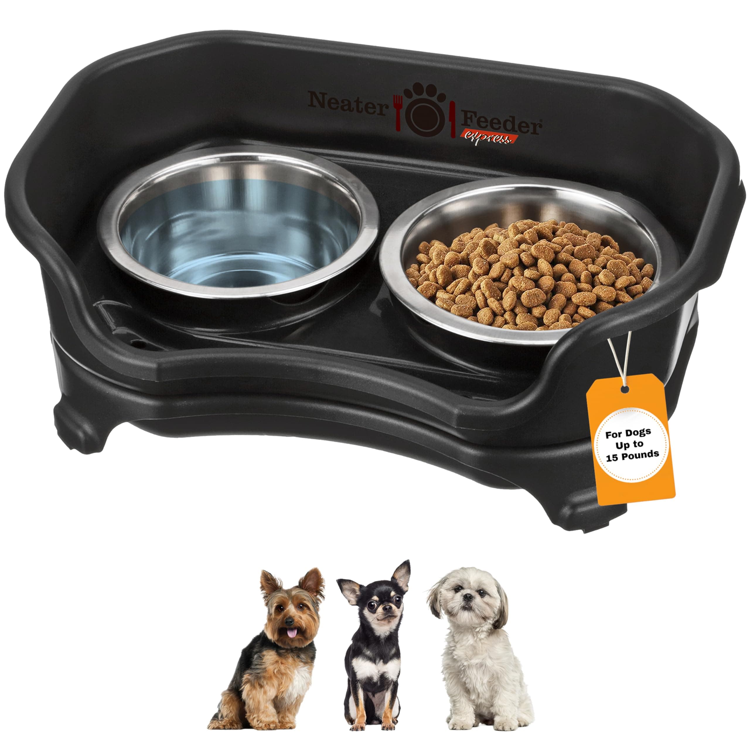 Neater Feeder Express Mess Proof Dog Bowls Elevated for Small Breeds Under 15 Lb, Made in USA, No Spill Raised Dog Food Bowl Stand, Stainless Steel Food and Water Bowl Set, Feeding Station, Black