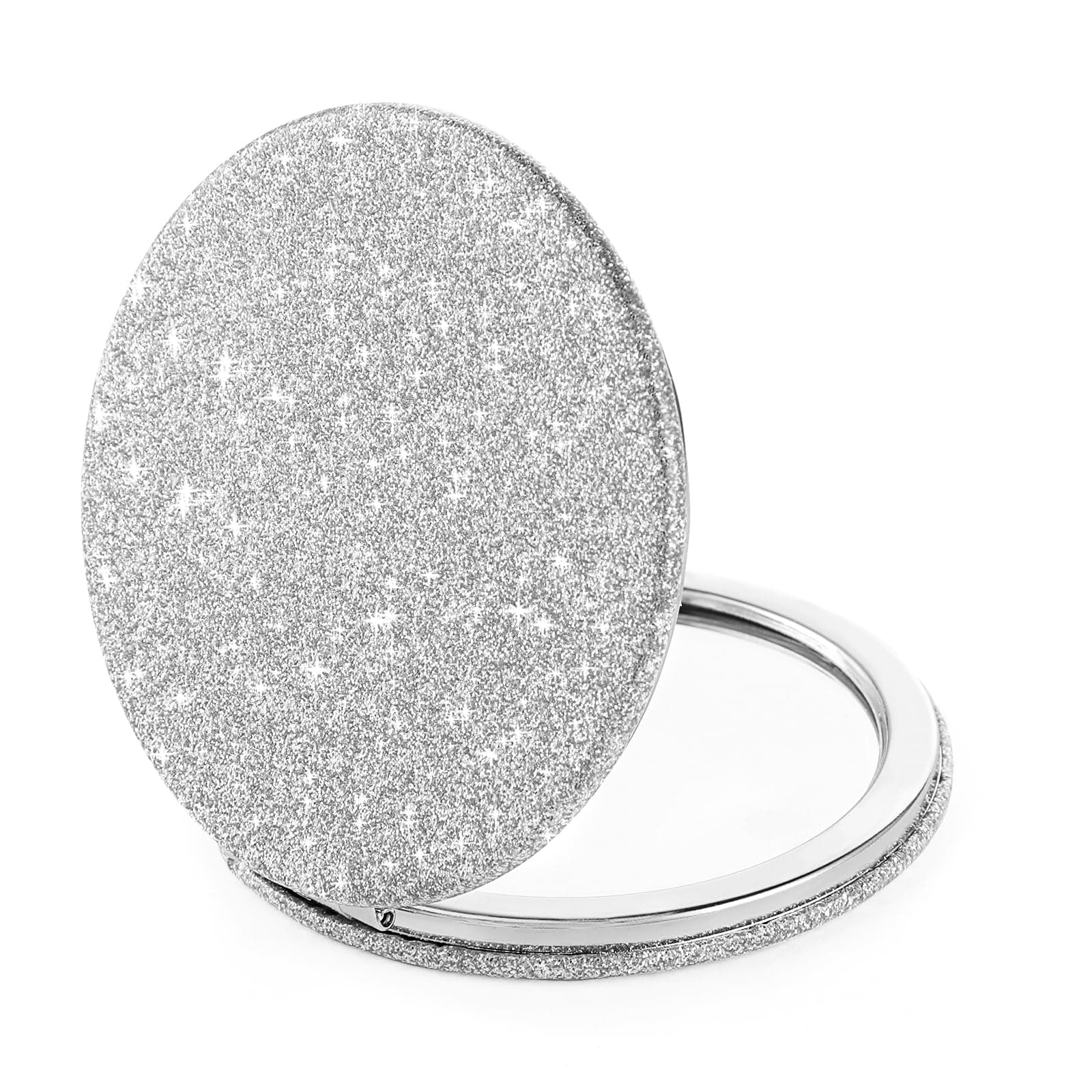 Small Glitter Compact Mirror, Folding Pocket Makeup Mirror Handheld 2-Sided 1x/2x Magnifying Cute Cosmetic Mirror Round PU Leather Mirror for Women Girls Travel(silver)