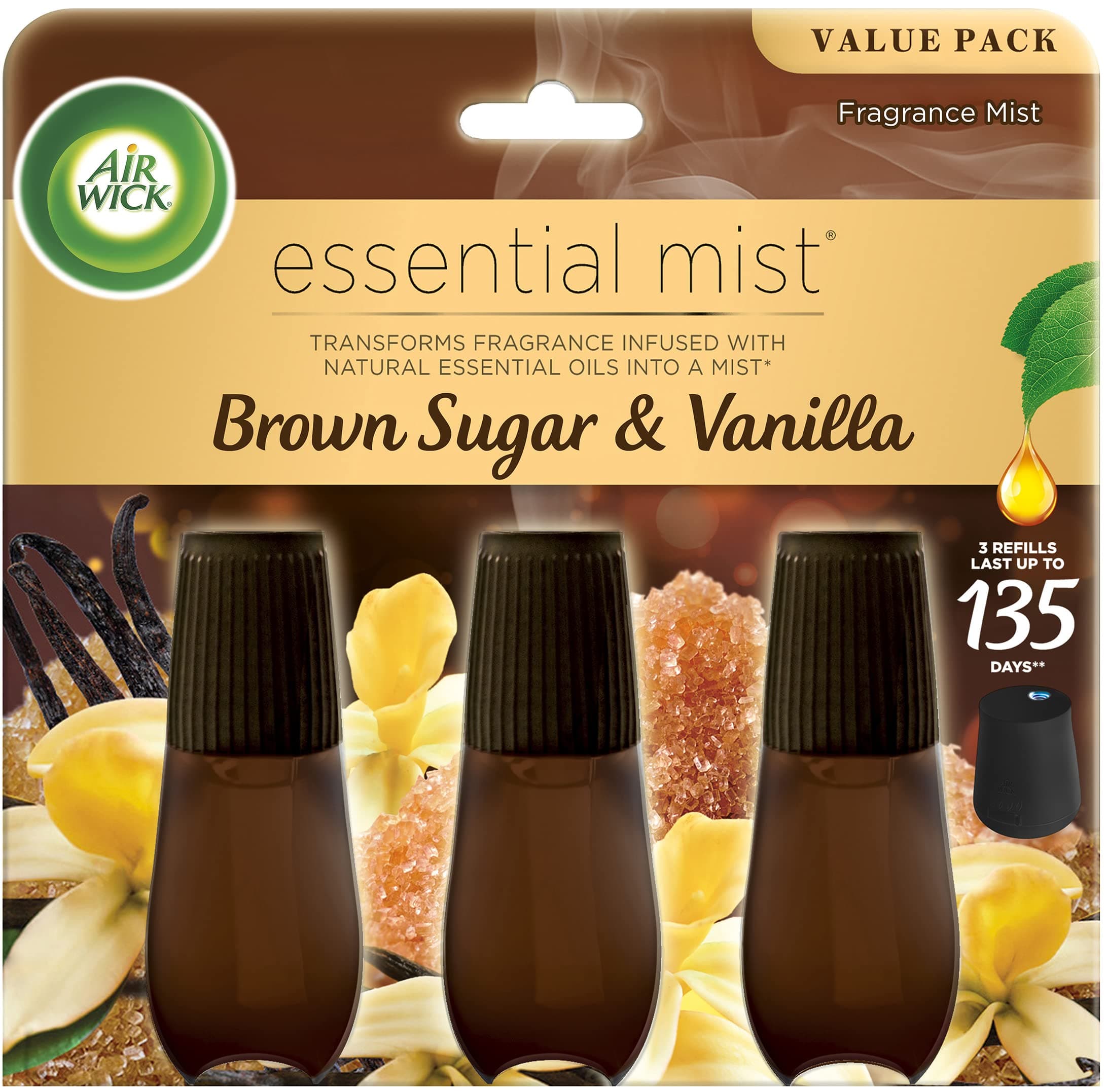 Essential Mist Refill, 3ct, Brown Sugar & Vanilla, Fall Scent, Essential Oils, Air Freshener