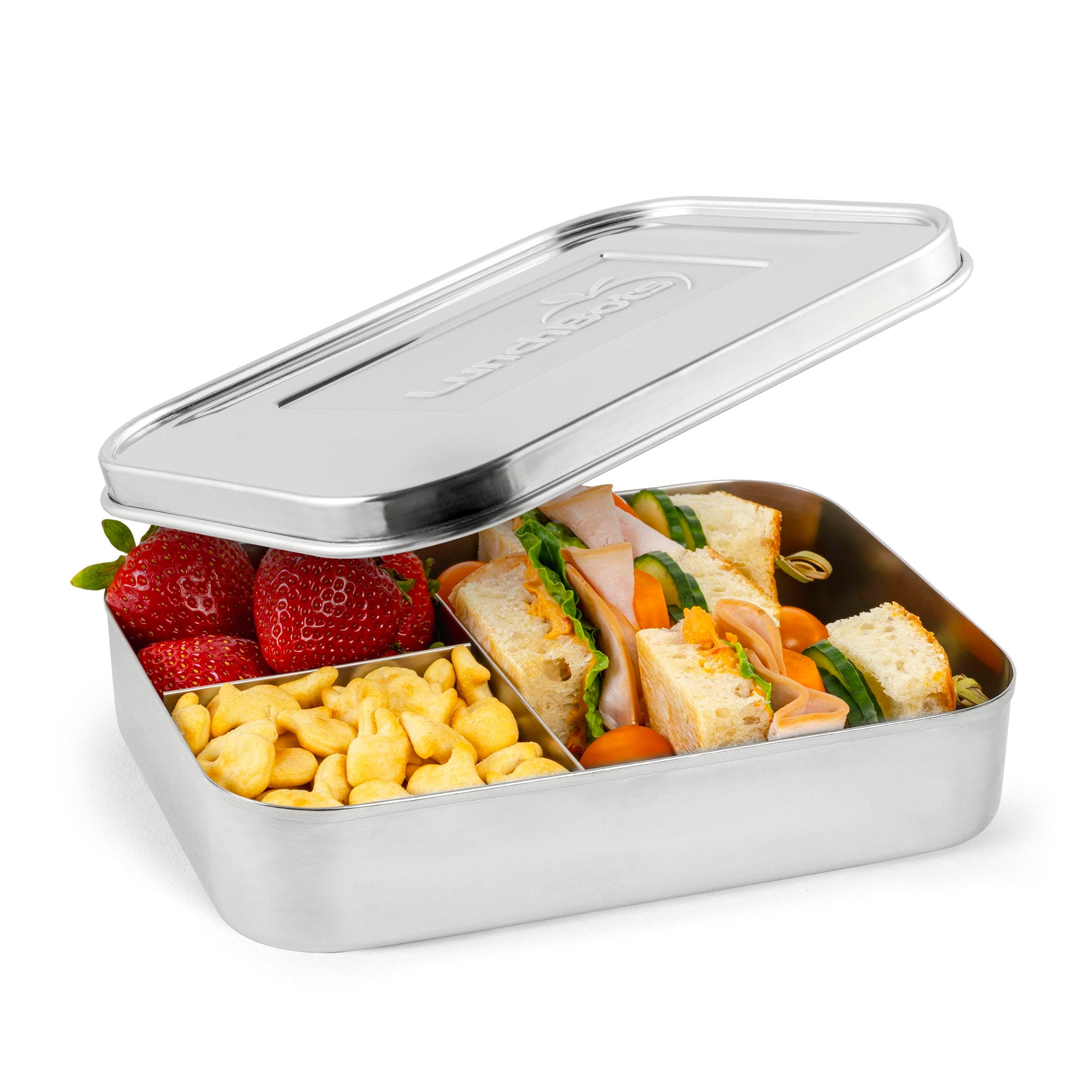 Large Trio Stainless Steel Lunch Container -Three Section Design for Sandwich and Two Sides - Metal Bento Lunch Box - Eco-Friendly - Stainless Lid - Staineless Steel