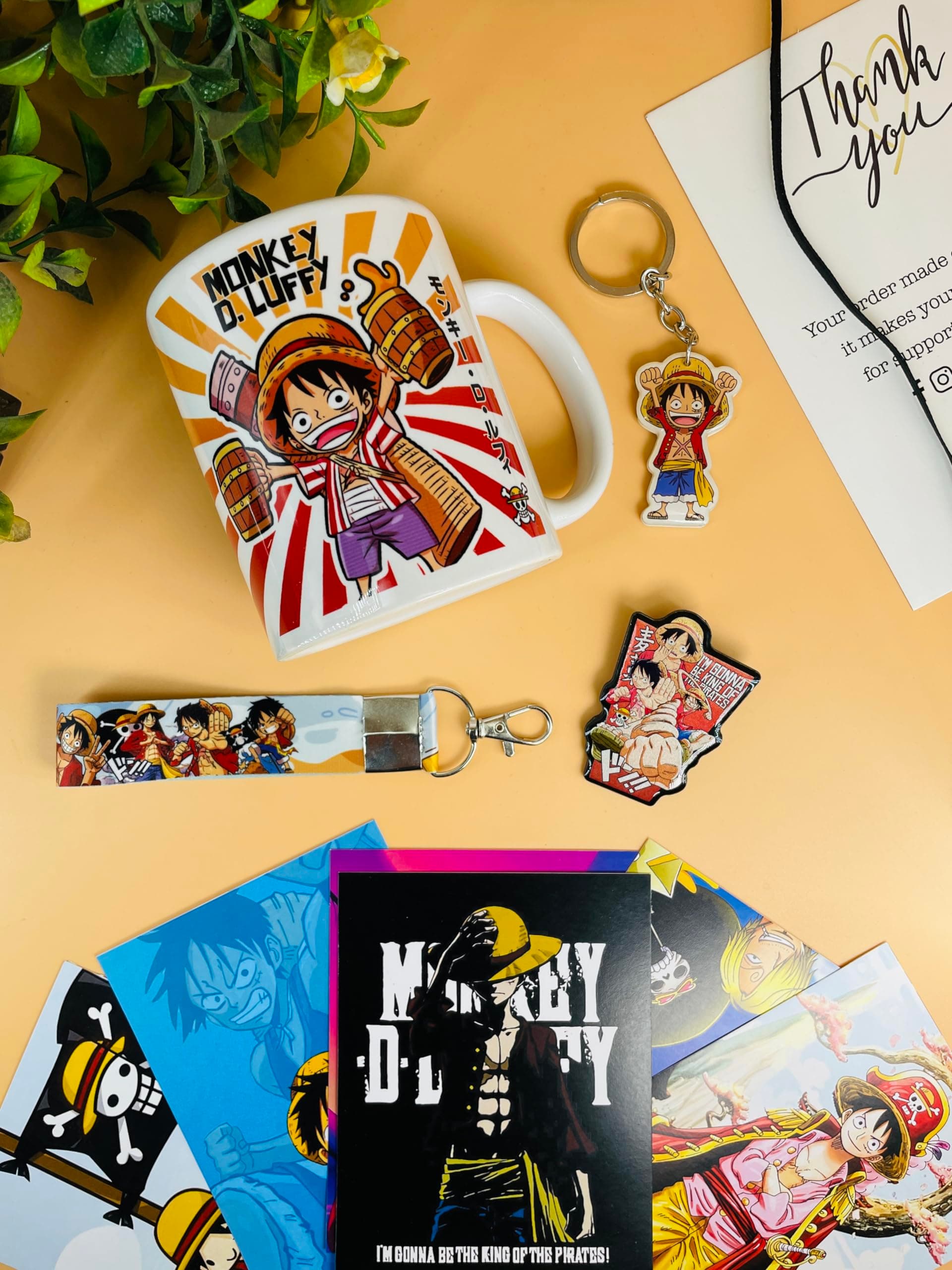 SINCE 7 STORE Monkey D Luffy Gift Box Includes 5 Products: Mug, Keychain, Key-tag, 9 Mini Posters (Self Adhesive), and Shape Cut Badge - The Ultimate Fan Collection. 350ML ceramic mug