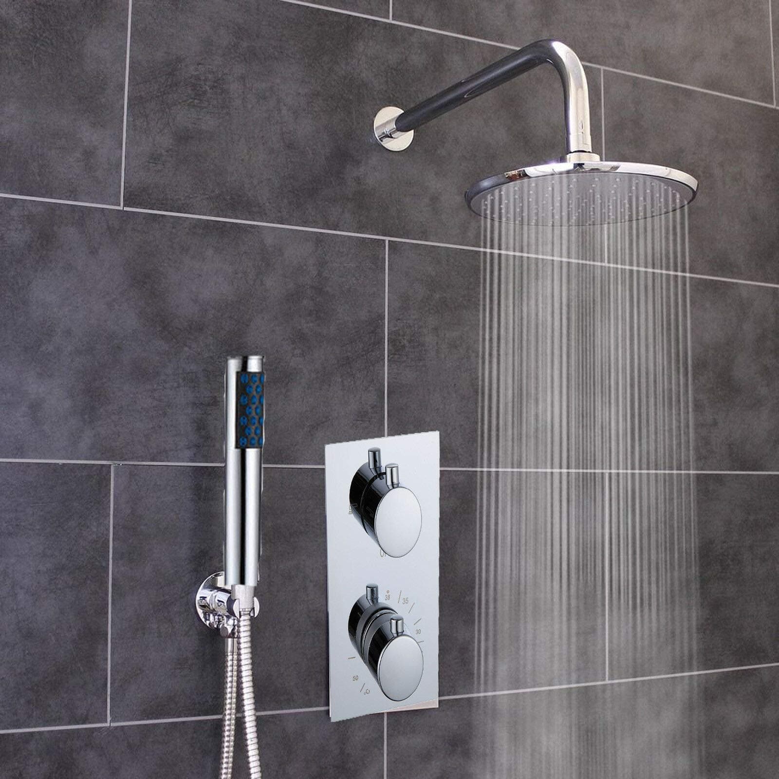 Dual-Functional Shower System, 200mm Rain Shower Head Round & Handheld Shower, Thermostatic Mixer Valve Anti-Scale Design, Concealed Shower Combo Set, Chrome Easy to Clean