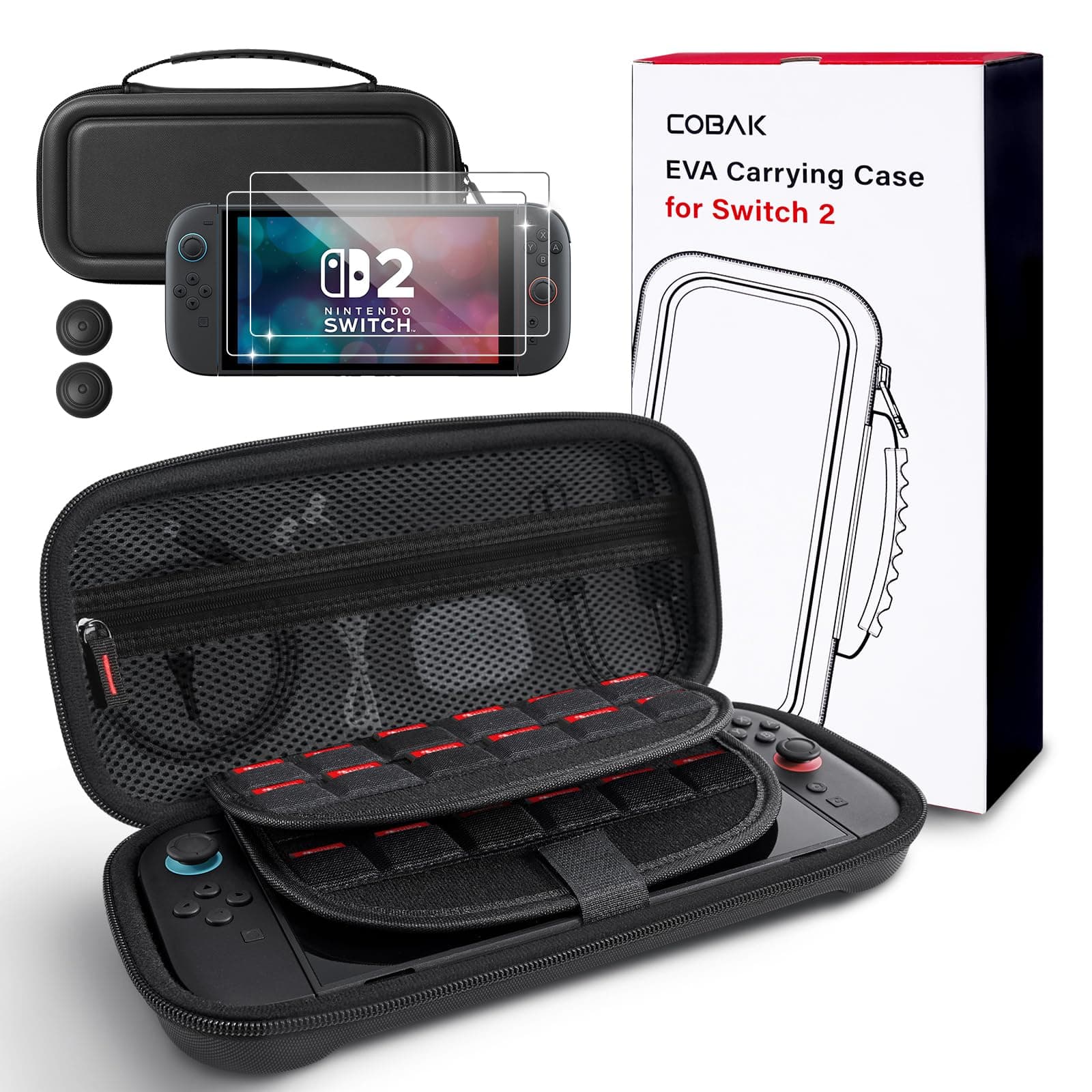 CoBak Large Capacity Carrying Case for Nintendo Switch 2 ( 2025 ) , Ultra Slim Premium EVA Travel Pouch with 24 Game Cartridges, Screen Protective Cover, Accessories Storage Bag, Black
