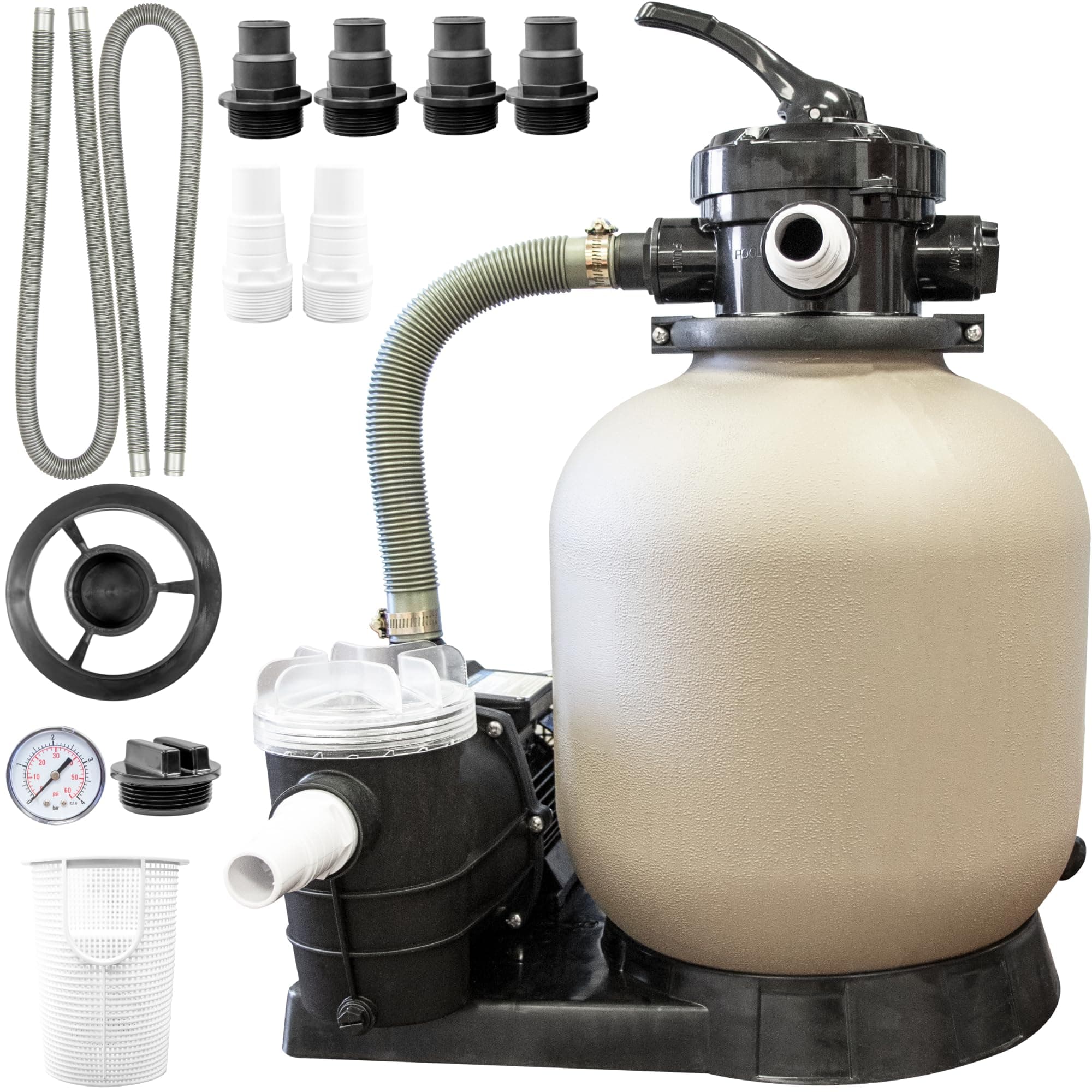 Swimline HYDROTOOLS Complete Sand Filter System, 14" Tank - for Above-Ground & Inground Pools Up to 10,500 Gallons, Single Speed Pump, 0.45 THP, 2,400 GPH, 4-Way Multi-Port Valve, 60 lb Capacity
