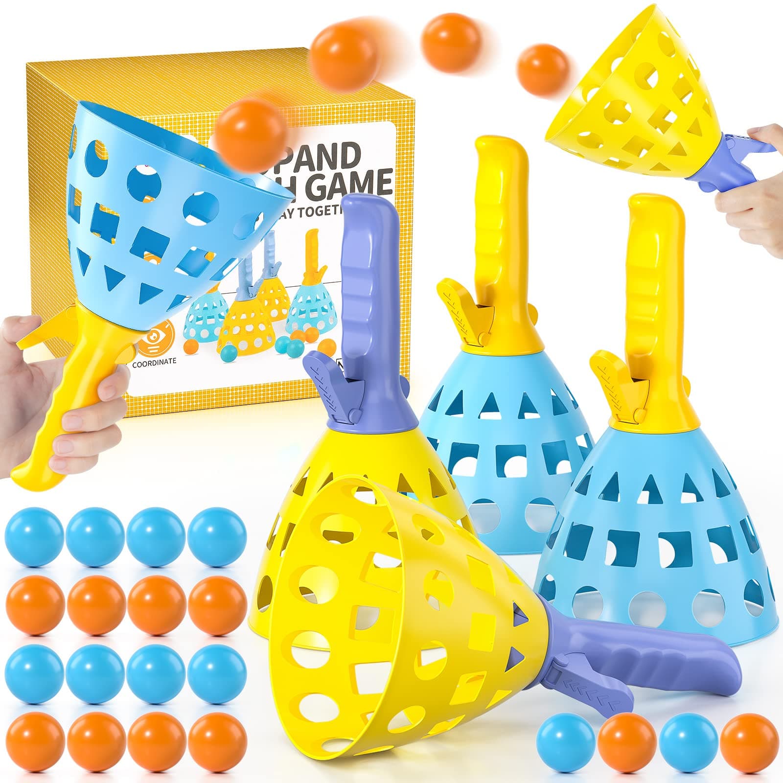 TEMI Pop Pass Catch Ball Game with 4 Catch Launcher Baskets and 20 Balls, Beach Toys Backyard Outdoor Indoor Game Age 3 4 5 6 7 8 9 10+ Years Old Boys Girls Kids Adults Family Christmas Easter Gifts