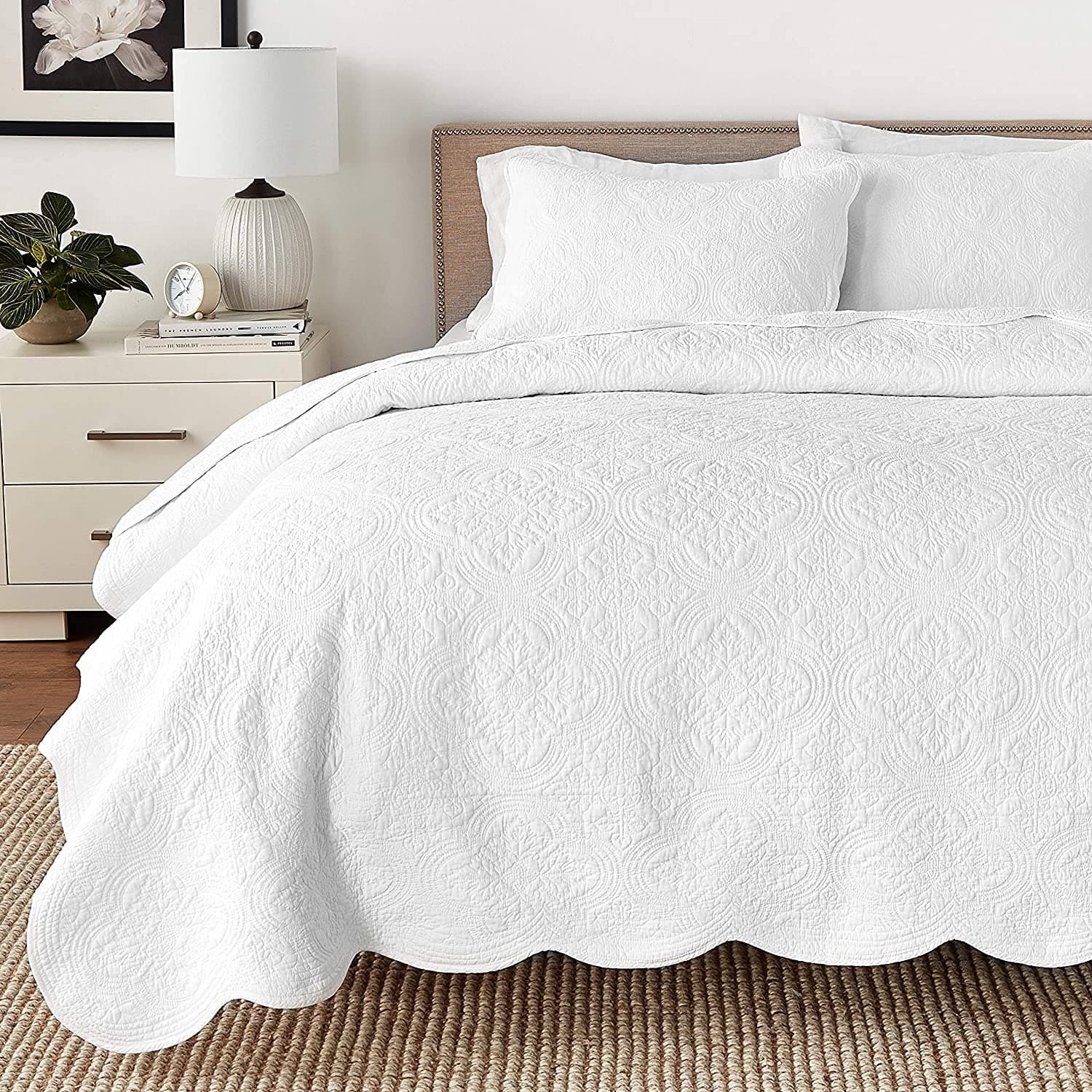 Cozy Line Home Fashions 100% Cotton Victorian Medallion Solid White Matelasse Embossed Bedding Quilt Set, Reversible Lightweight Bedspread, Coverlet for All Season (Oversized King - 3 piece)