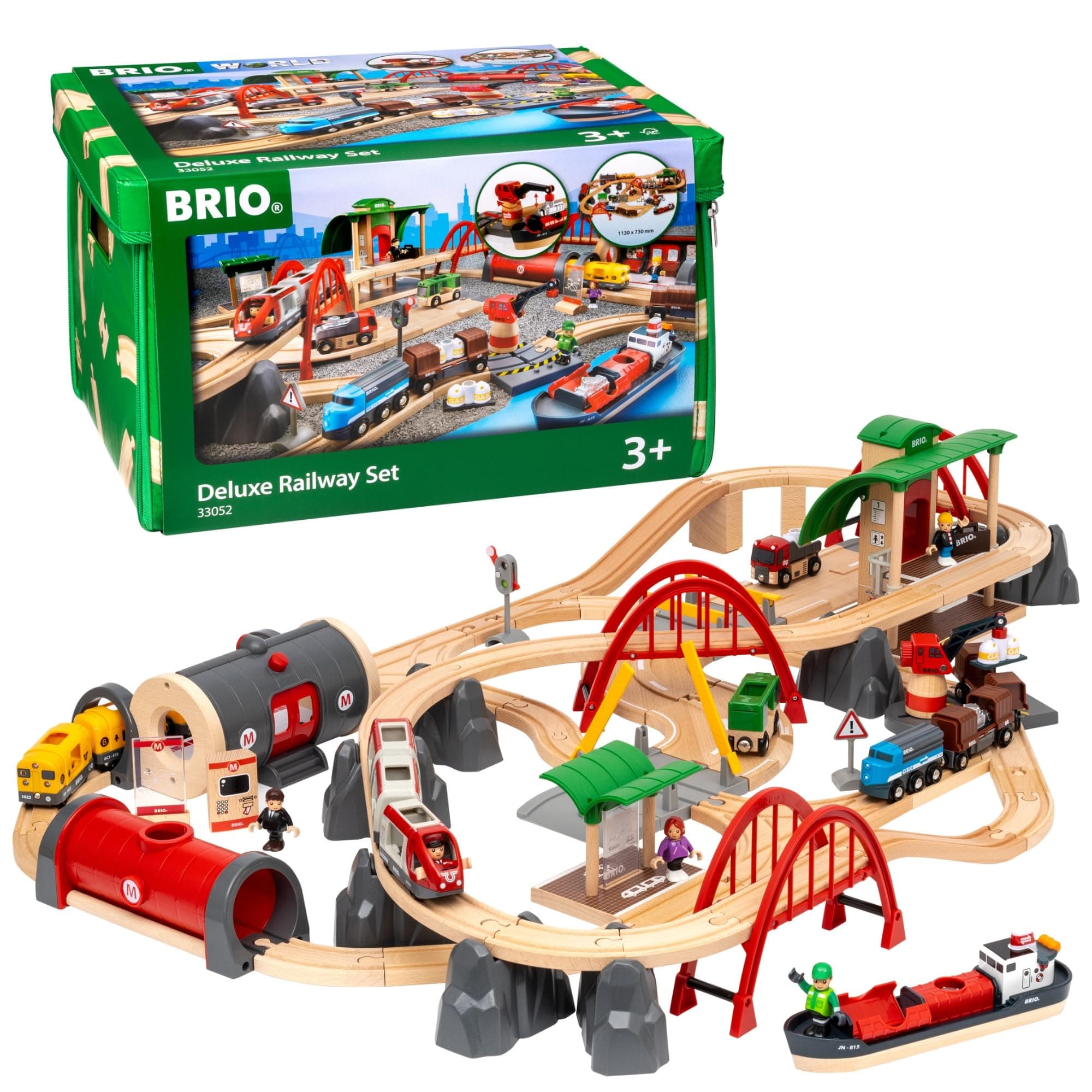 World Deluxe Railway Set - 87-Piece Wooden Train Set - Includes Passenger & Freight Trains, Stations, Accessories - Safe & Sustainable - MESH Accredited Fun Play for Kids Ages 3 & Up