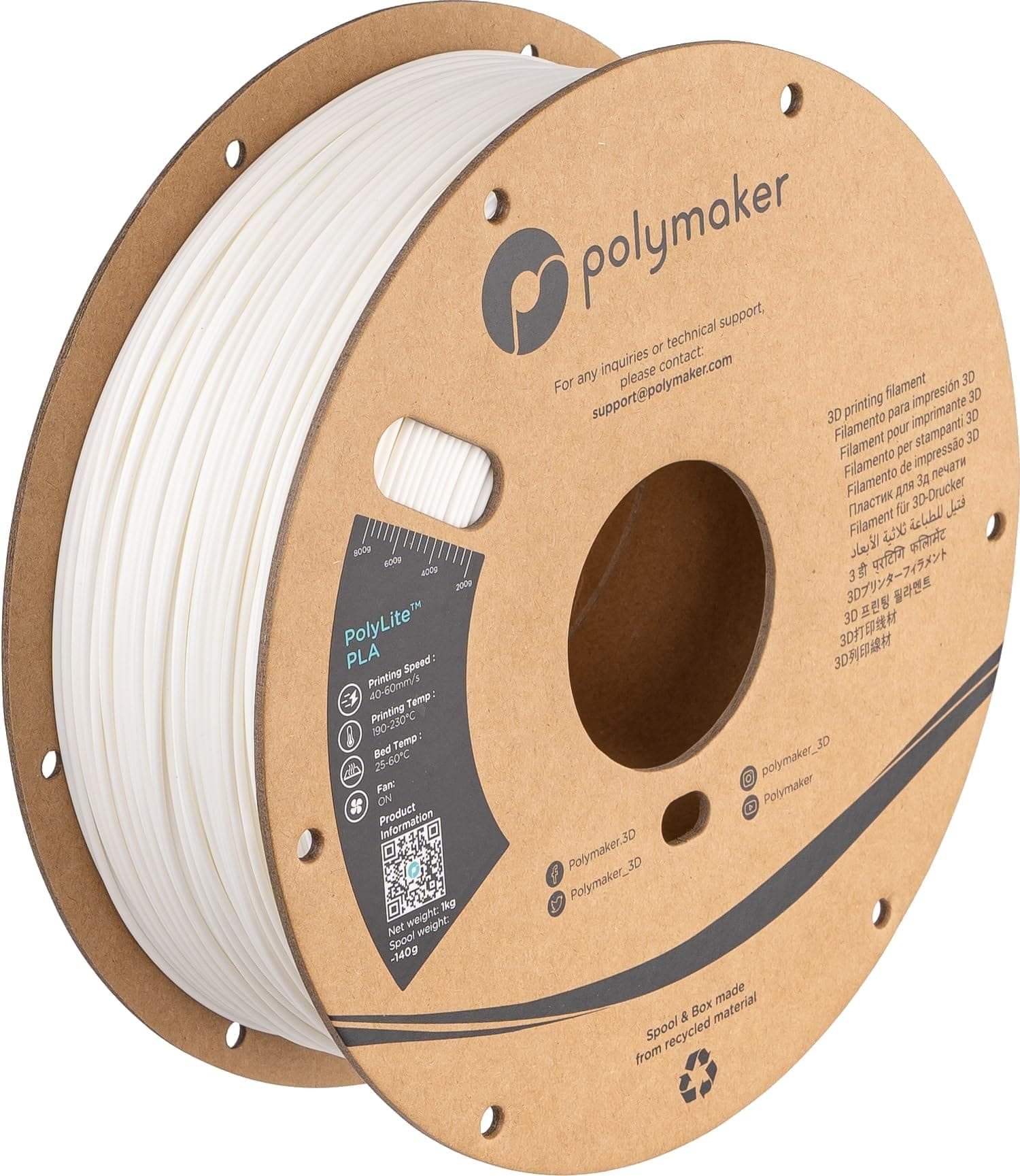 Polymaker PLA Filament, White 3D Printing PLA Filament 1.75mm 1kg - PolyLite 3D Printer PLA Filament, Dimensional Accuracy +/- 0.03mm, Compatible with Most 3D Printer, White