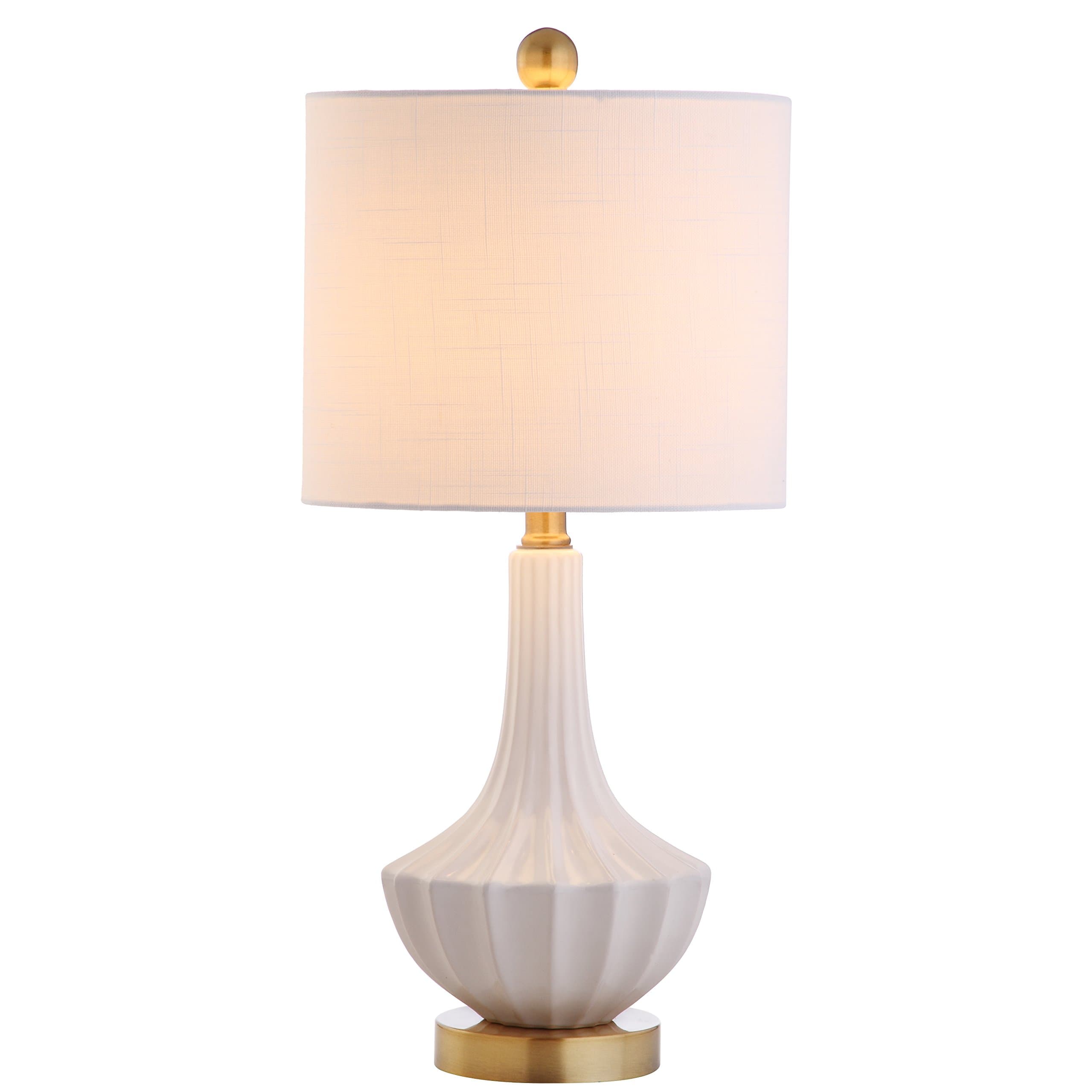 JONATHAN Y 21.5" White Ceramic Mini Table Lamp with Brass Accents, Modern Contemporary Fluted Design with White Linen Shade for Bedroom Living Room, LED Bulb Included JYL1030A