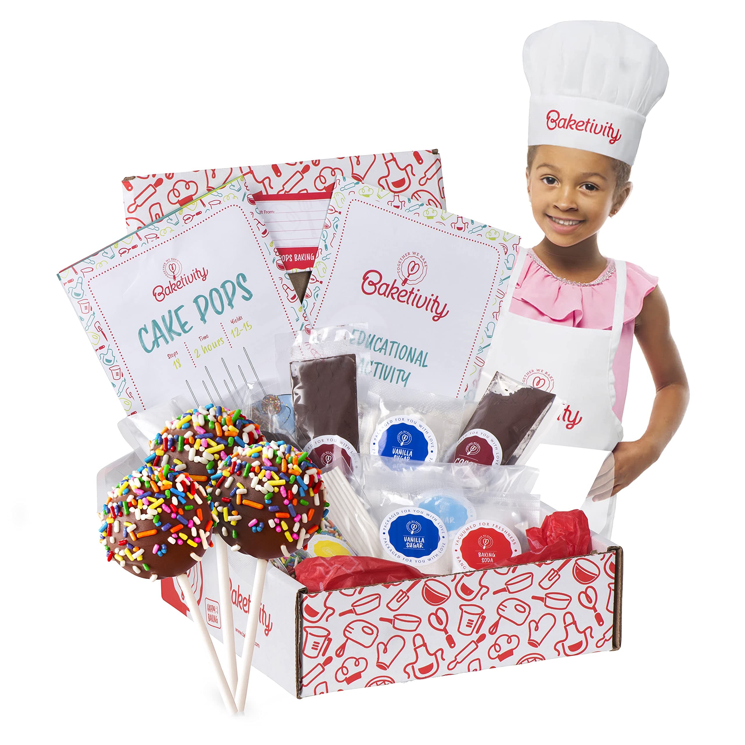 Baketivity Kids Baking DIY Activity Kit - Bake Delicious Cake Pops with Pre-Measured Ingredients – Best Gift Idea for Boys and Girls Ages 6-12 – Includes Free Hat and Apron