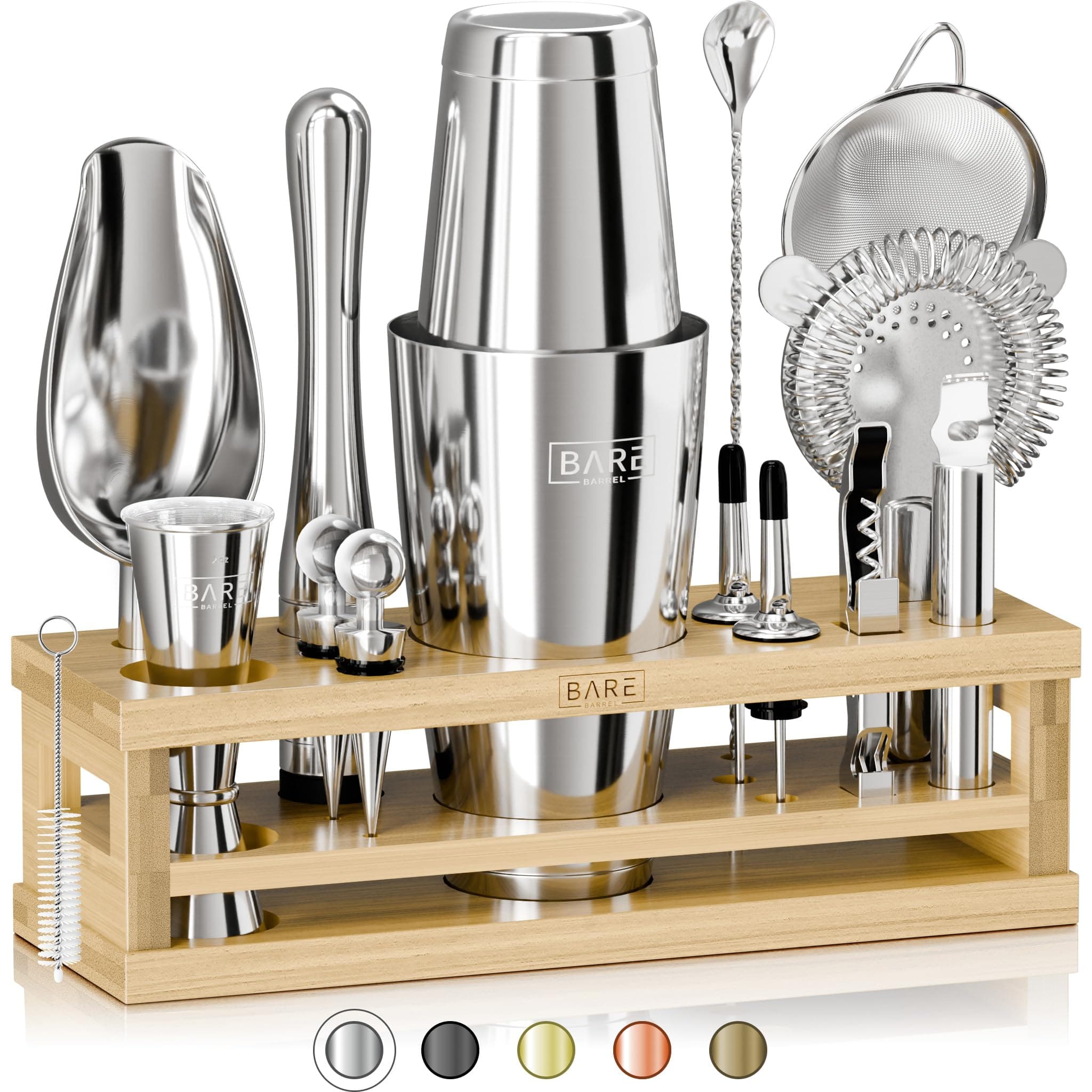 Bare Barrel® Mixology Bartender Kit Bar Set | 16-Piece Cocktail Shaker Martini Barware Mixing Tools For Home Bartending Incl. 35 Recipe Cards Gift (28Oz Boston Shaker, Silver/Natural)