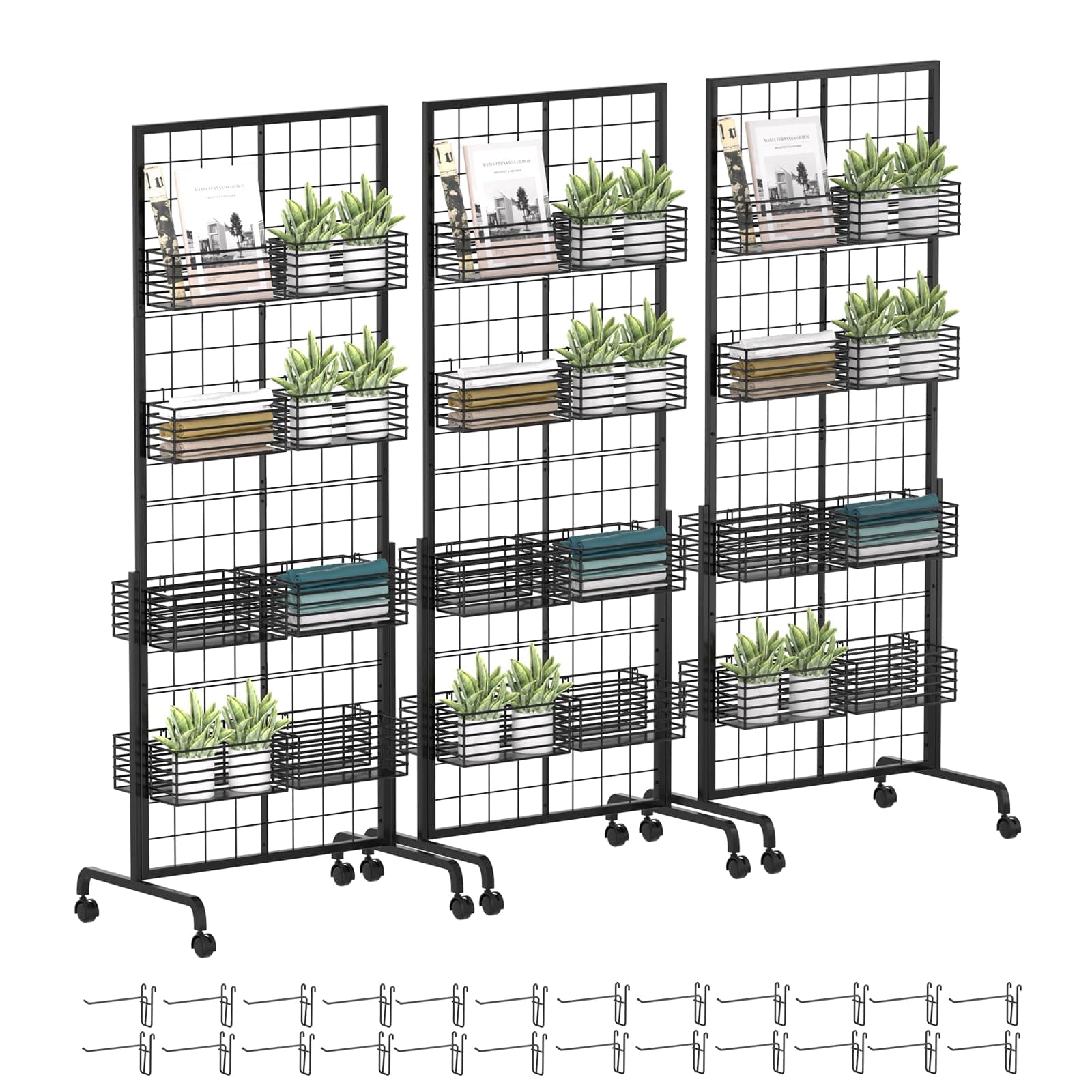 Gridwall Panel Display Stand - Craft Show Display Rack with Extra 24 Hooks, 2' x 5.5' Ft Black Metal Grids Standing Wire Rack for Retail Art Fair - 3 Set