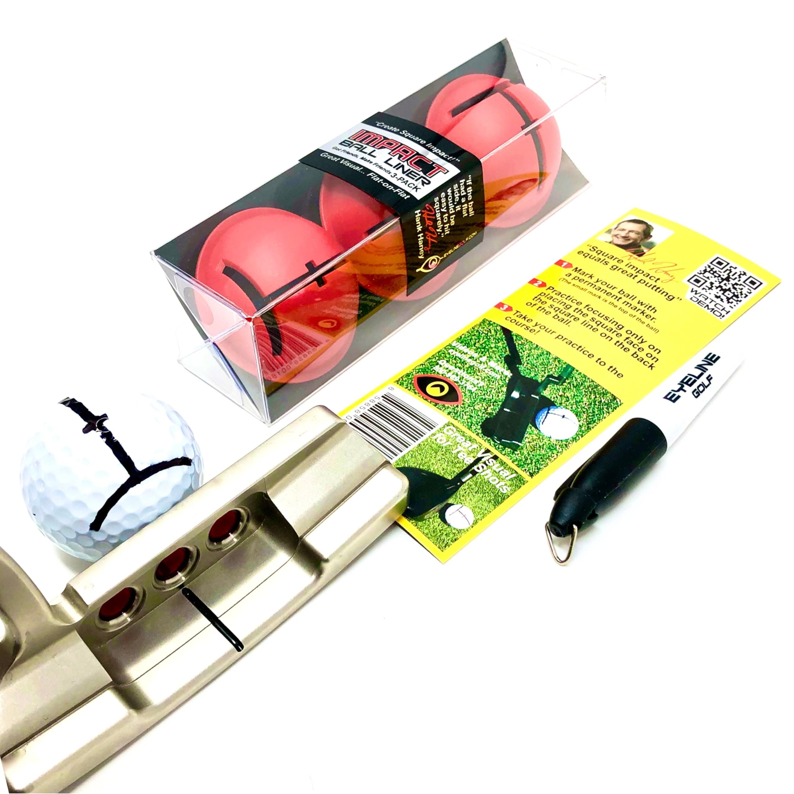 Impact Ball Liner - Training Aid Accessories - 3 -Pack Red Alignment Kit Marker Pen by Hank Haney. Align Ball See Putter face Alignment to Target line. Immediate Short putt Improvement